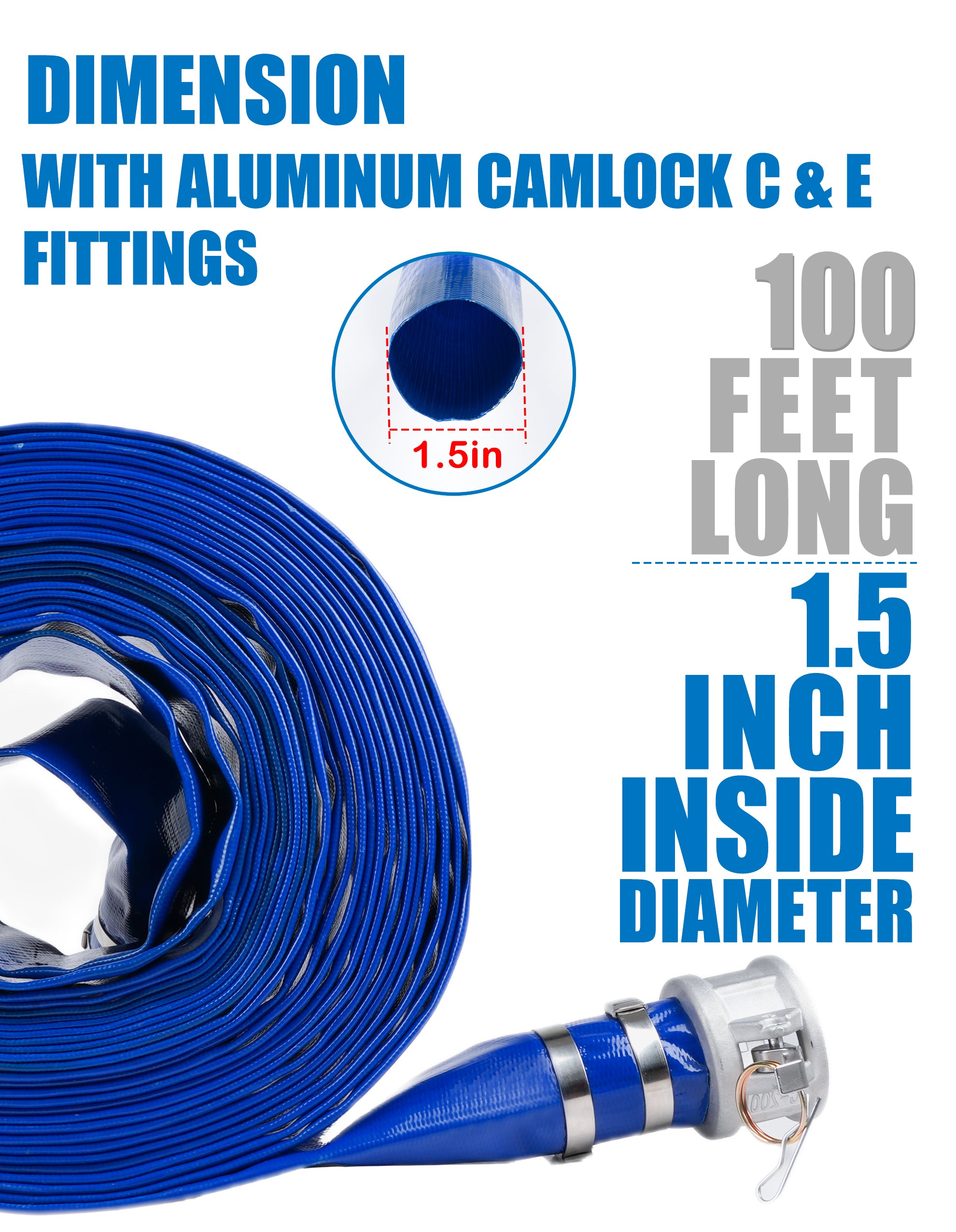 ZYfire Backwash Hose - 1-1/2" x 100 FT PVC Lay Flat Discharge Hose with Aluminum Camlock C & E Fittings Heavy Duty Reinforced Pump Discharge Hose Weather and Burst Resistant for Pool Drain, Sump Pump-U.S. Warehouse