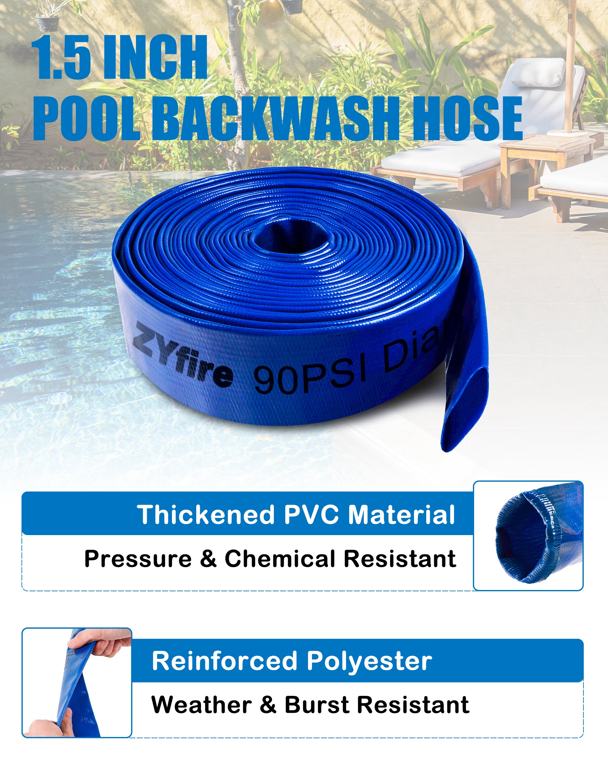 ZYfire Pool Backwash Hose with 2 Clamps - 1-1/2" x 100 FT PVC Lay Flat Discharge Hose Heavy Duty Reinforced Pool Hose Weather and Burst Resistant for Pool Drain, Sump Pump, Pool Filter-U.S. Warehouse