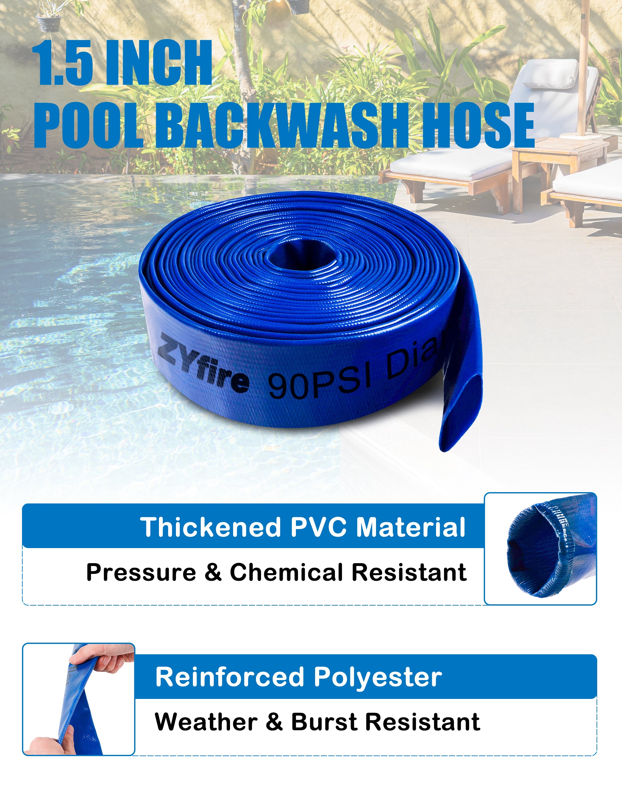 ZYfire Pool Backwash Hose with 2 Clamps - 1-1/2" x 50 FT PVC Lay Flat Discharge Hose Heavy Duty Reinforced Pool Hose Weather and Burst Resistant for Pool Drain, Sump Pump, Pool Filter-U.S. Warehouse