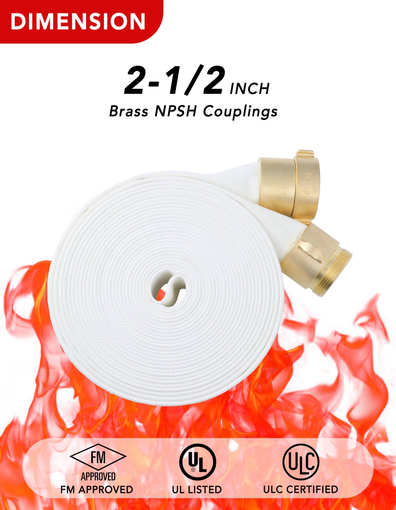 ZYfire Fire Hose - 2-1/2" ID Single Jacket TPU Fire Hose White Industrial Hose Firefighter Hose with NPSH Brass Couplings Lightweight Lay Flat Water Hose for Use in Firefighting-U.S. Warehouse