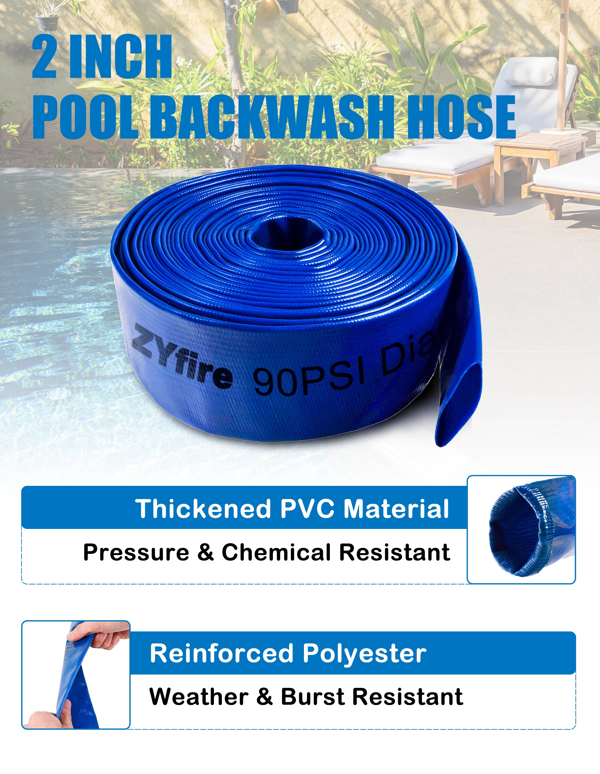 ZYfire Pool Backwash Hose with 2 Clamps - 2" x 100 FT PVC Lay Flat Discharge Hose Heavy Duty Reinforced Pool Hose Weather and Burst Resistant for Pool Drain, Sump Pump, Pool Filter-U.S. Warehouse