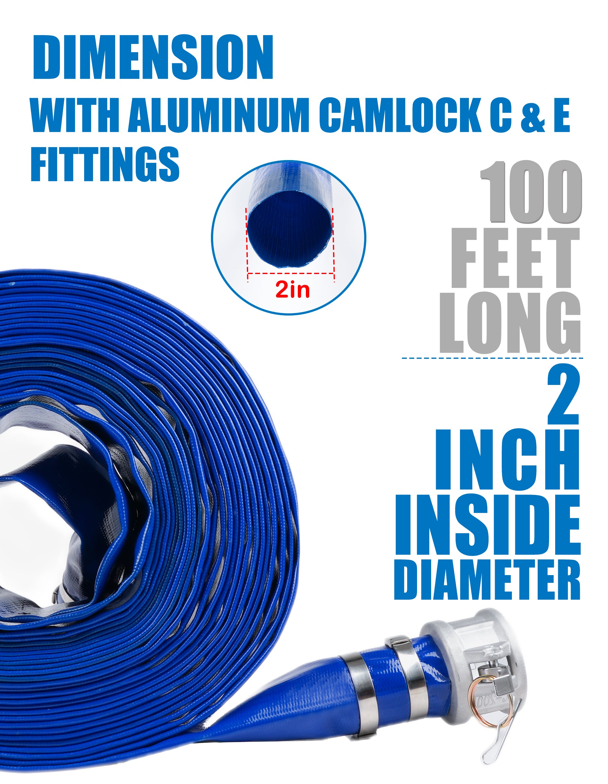 ZYfire Backwash Hose - 2" x 100 FT PVC Lay Flat Discharge Hose with Aluminum Camlock C & E Fittings Heavy Duty Reinforced Pump Discharge Hose Weather and Burst Resistant for Pool Drain, Sump Pump-U.S. Warehouse