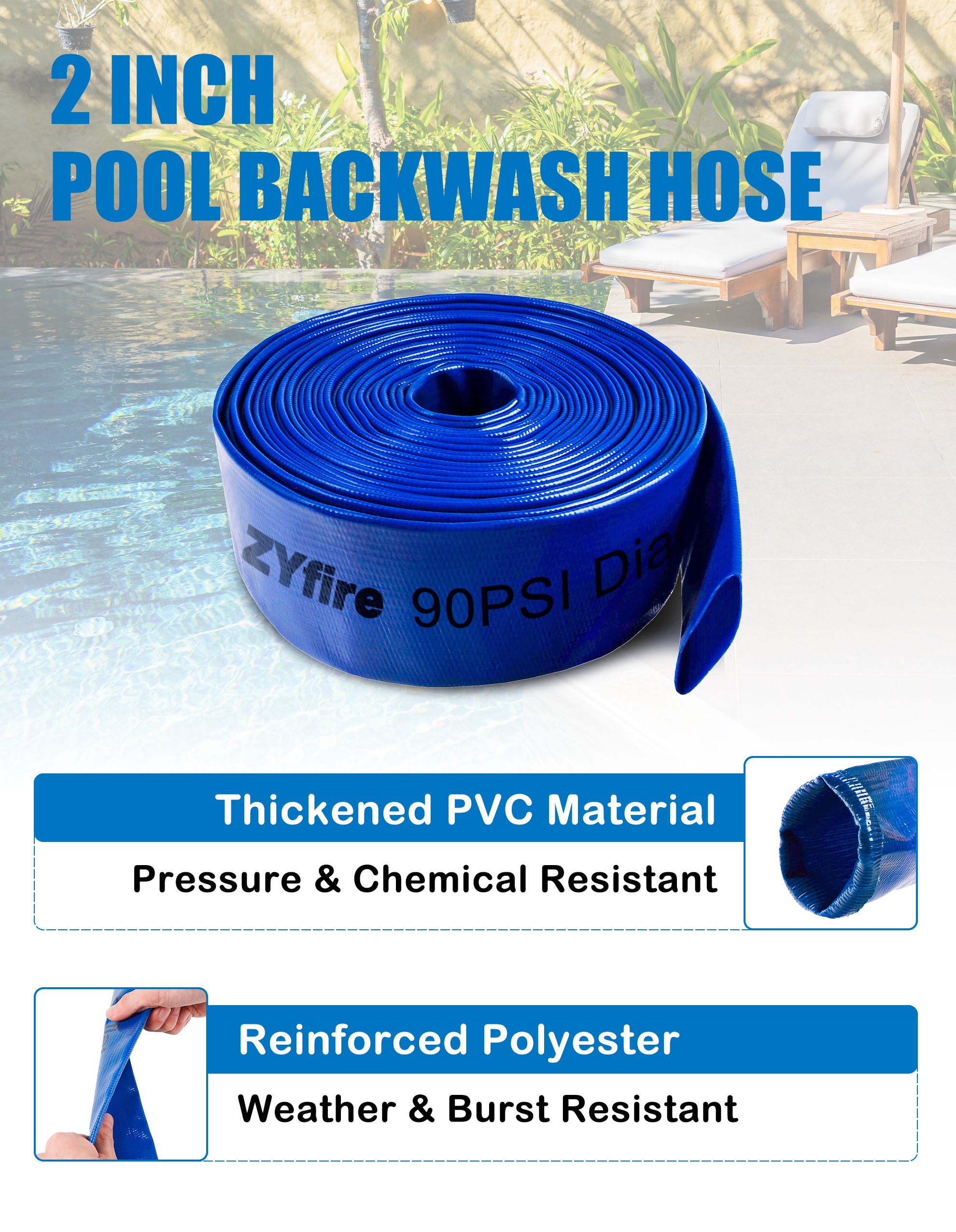 ZYfire Pool Backwash Hose with 2 Clamps - 2" x 50 FT PVC Lay Flat Discharge Hose Heavy Duty Reinforced Pool Hose Weather and Burst Resistant for Pool Drain, Sump Pump, Pool Filter-U.S. Warehouse