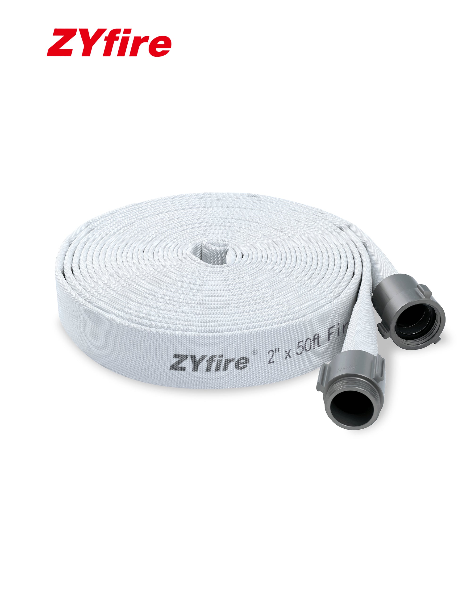 ZYfire Fire Hose - 2" ID Single Jacket EPDM Fire Hose Firefighter Hose with NPSH Aluminum Couplings White Industrial Hose Lightweight Lay Flat Water Hose for Use in Firefighting-U.S. Warehouse