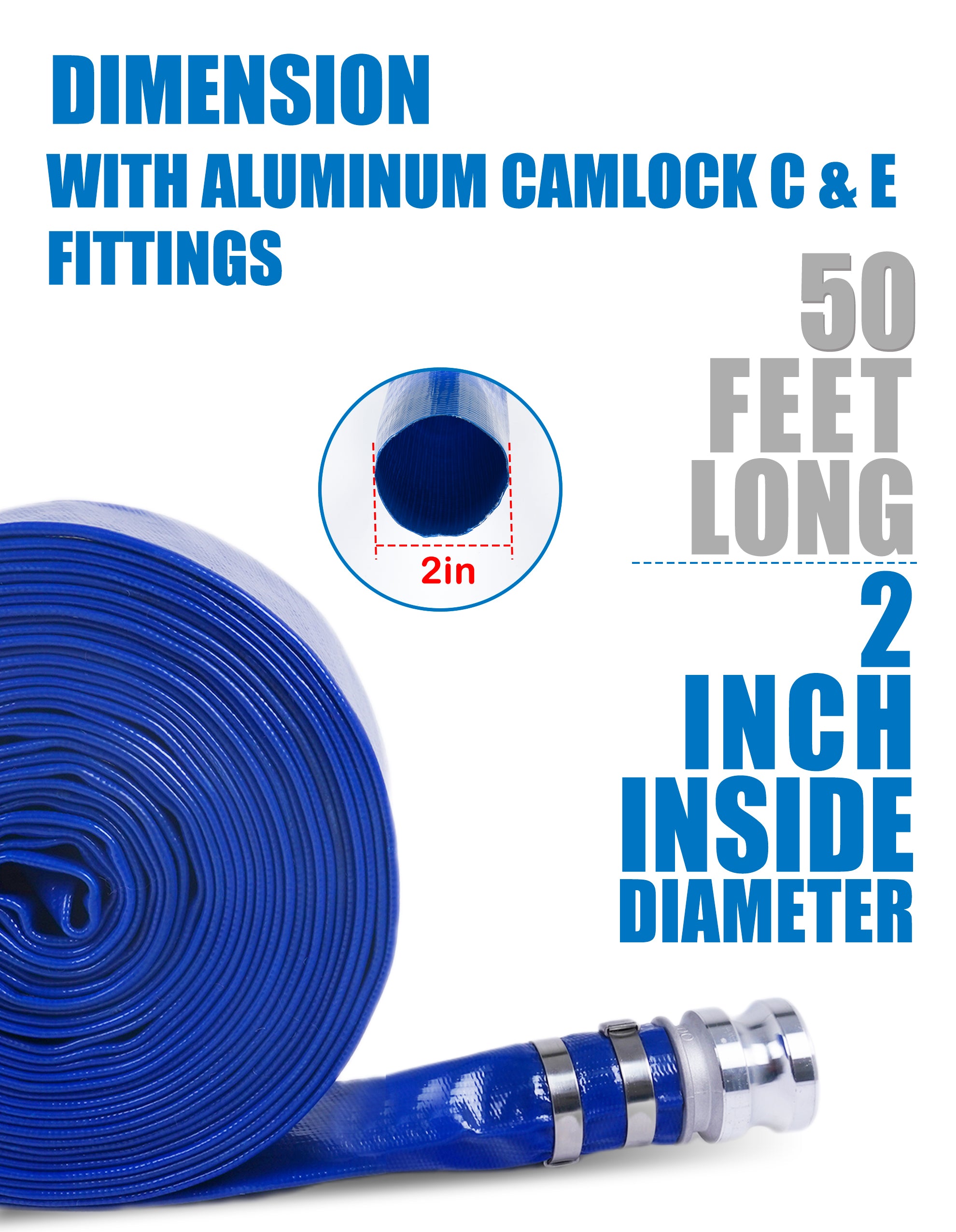 ZYfire Backwash Hose - 2" x 50 FT PVC Lay Flat Discharge Hose with Aluminum Camlock C & E Fittings Heavy Duty Reinforced Pump Discharge Hose Weather and Burst Resistant for Pool Drain, Sump Pump-U.S. Warehouse