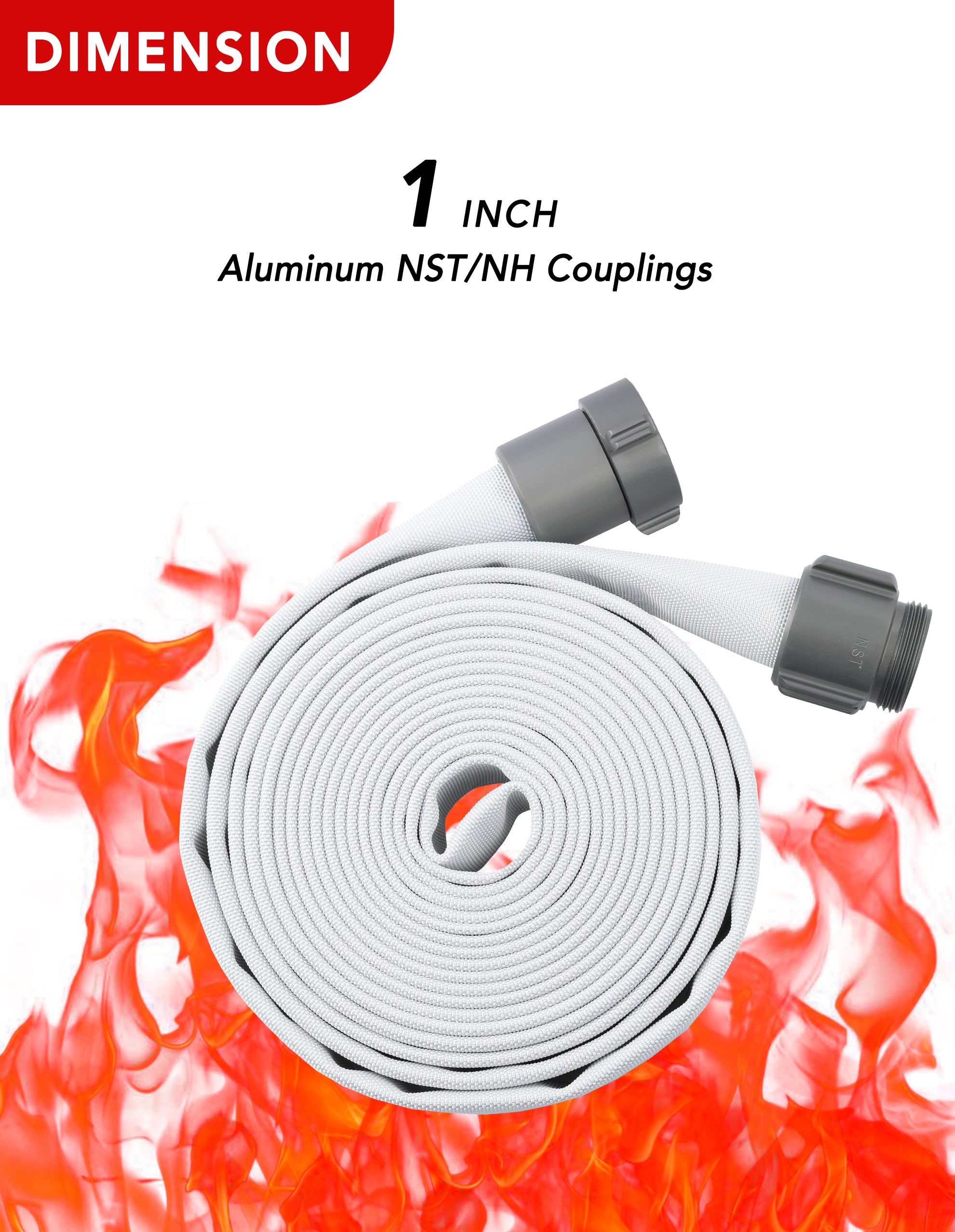 ZYfire Fire Hose - 1" ID Single Jacket EPDM Fire Hose Firefighter Hose with M × F NST/NH Aluminum Couplings White Industrial Hose Lightweight Lay Flat Water Hose for Use in Firefighting-U.S. Warehouse