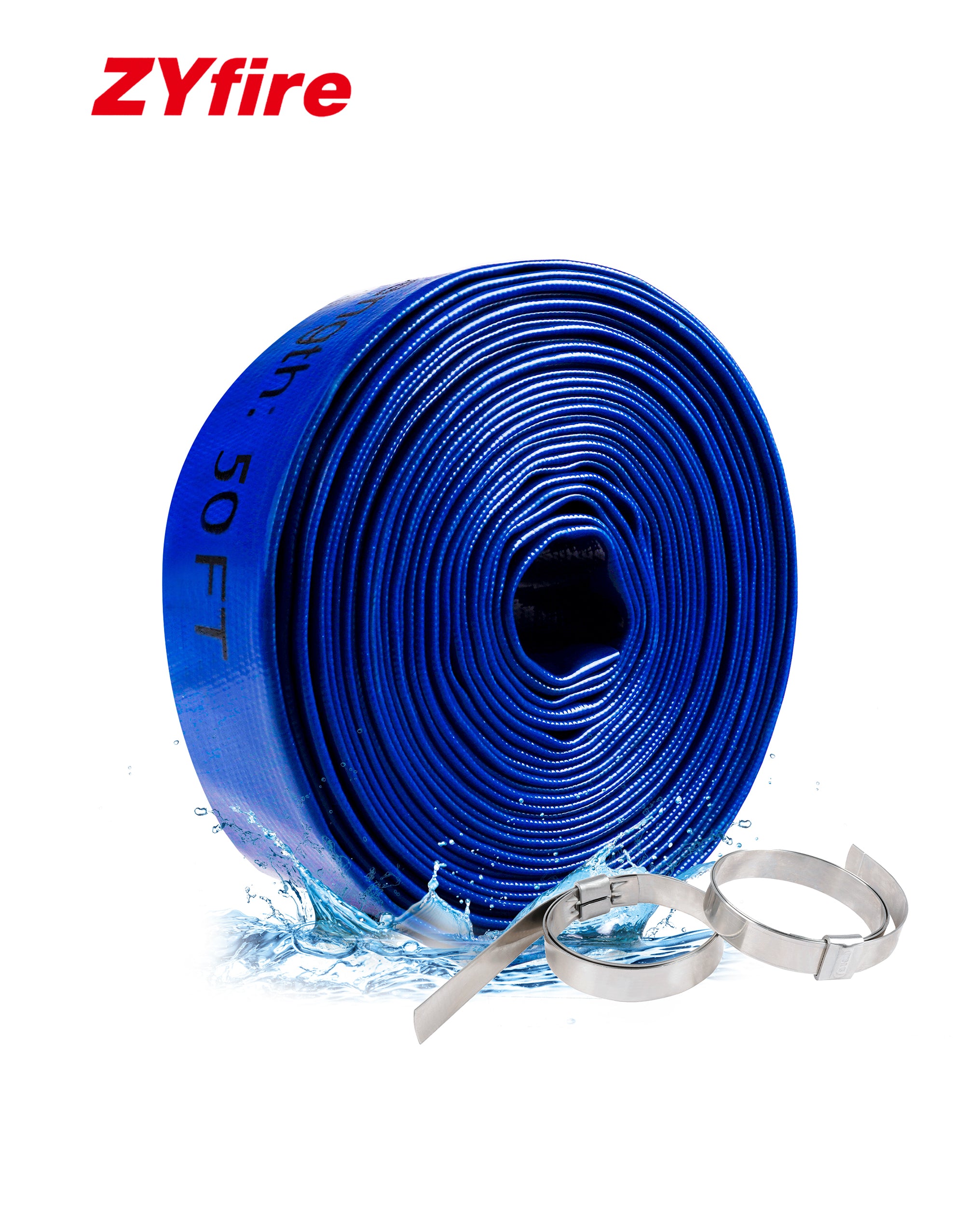 ZYfire Pool Backwash Hose with 2 Clamps - 1-1/2" x 50 FT PVC Lay Flat Discharge Hose Heavy Duty Reinforced Pool Hose Weather and Burst Resistant for Pool Drain, Sump Pump, Pool Filter-U.S. Warehouse