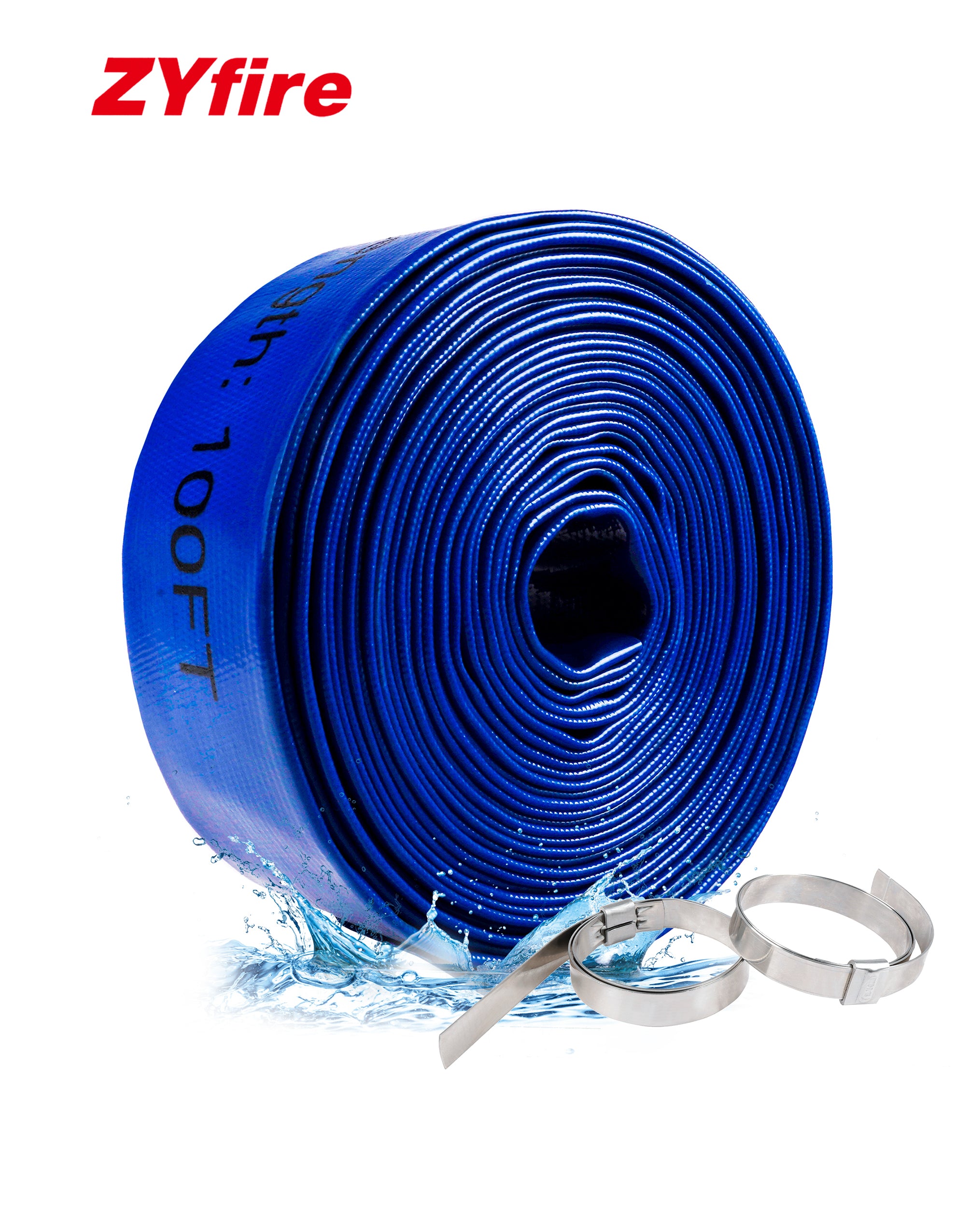 ZYfire Pool Backwash Hose with 2 Clamps - 2" x 100 FT PVC Lay Flat Discharge Hose Heavy Duty Reinforced Pool Hose Weather and Burst Resistant for Pool Drain, Sump Pump, Pool Filter-U.S. Warehouse