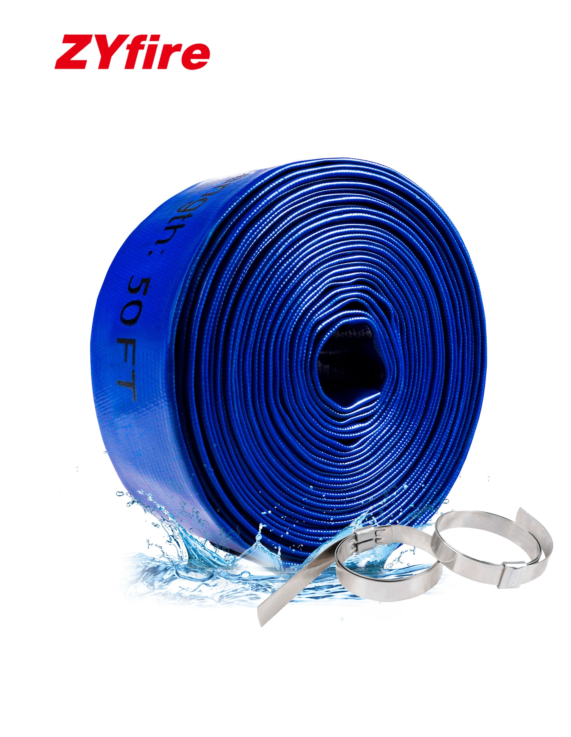 ZYfire Pool Backwash Hose with 2 Clamps - 2" x 50 FT PVC Lay Flat Discharge Hose Heavy Duty Reinforced Pool Hose Weather and Burst Resistant for Pool Drain, Sump Pump, Pool Filter-U.S. Warehouse