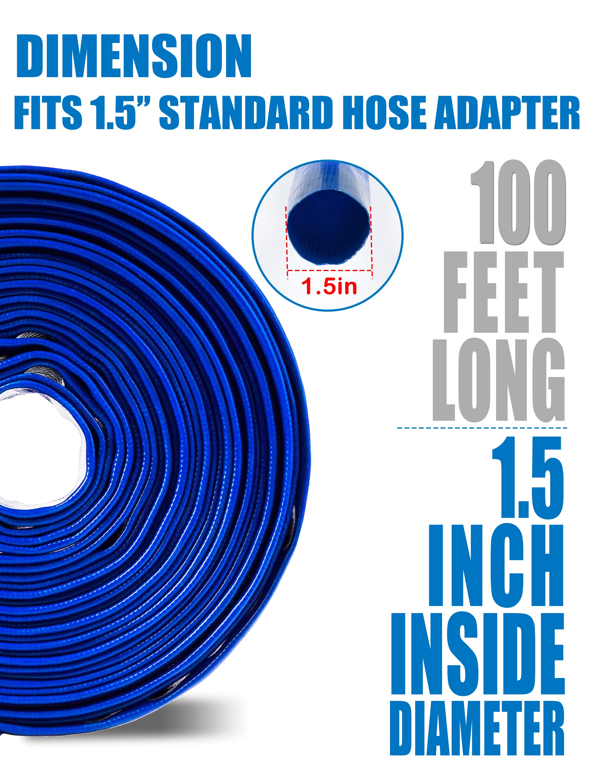 ZYfire Pool Backwash Hose with 2 Clamps - 1-1/2" x 100 FT PVC Lay Flat Discharge Hose Heavy Duty Reinforced Pool Hose Weather and Burst Resistant for Pool Drain, Sump Pump, Pool Filter-U.S. Warehouse