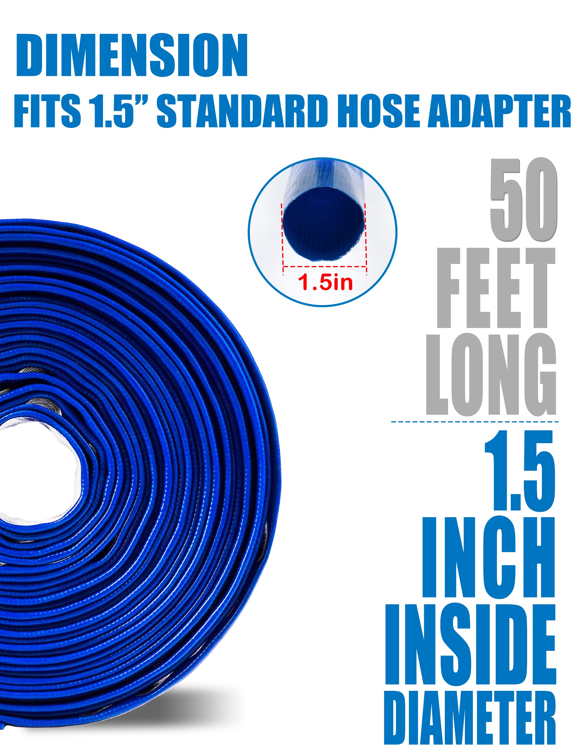ZYfire Pool Backwash Hose with 2 Clamps - 1-1/2" x 50 FT PVC Lay Flat Discharge Hose Heavy Duty Reinforced Pool Hose Weather and Burst Resistant for Pool Drain, Sump Pump, Pool Filter-U.S. Warehouse