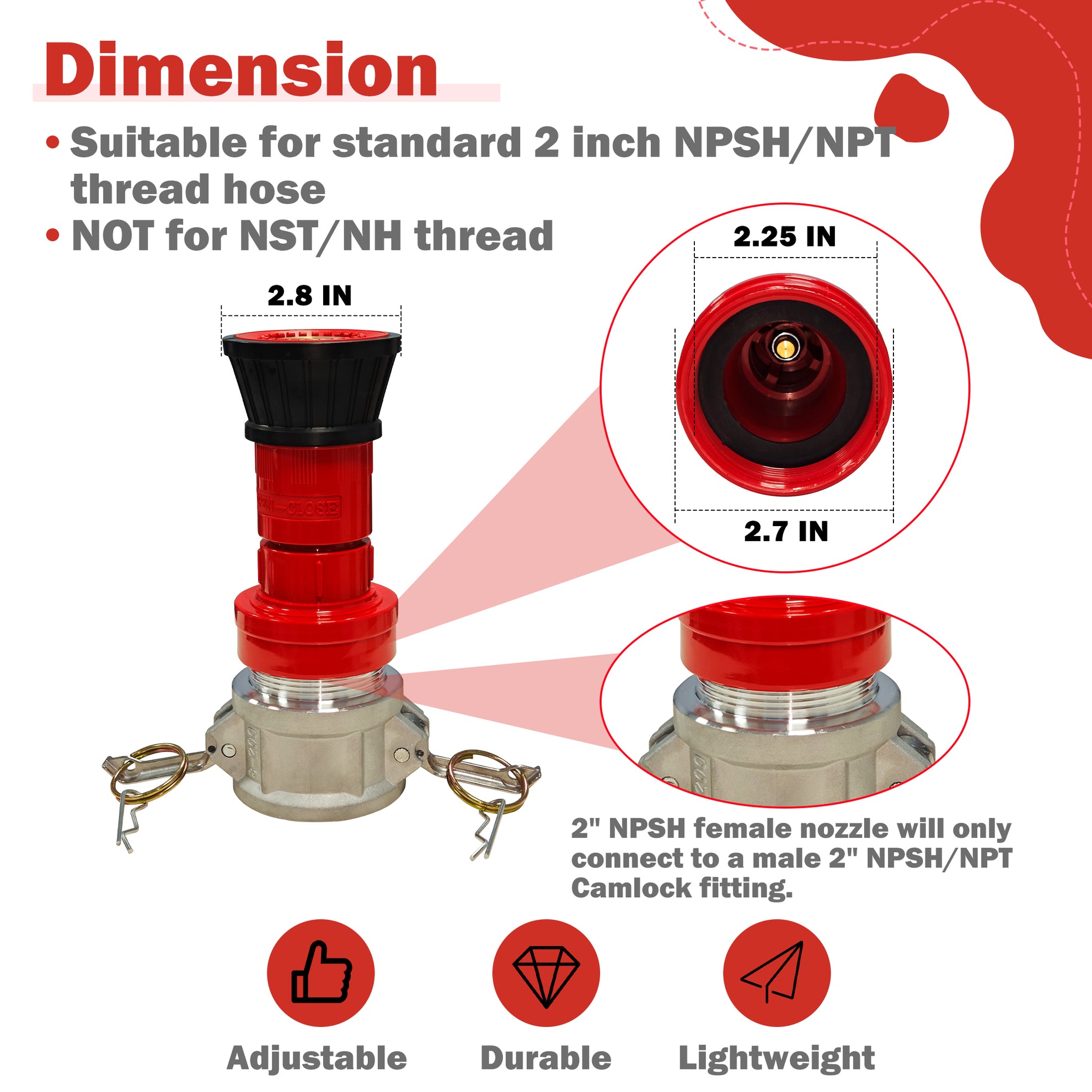 ZYfire Fire Hose Nozzle - 2" NPSH Heavy Duty Fire Suppression Nozzle with Aluminum Camlock Fitting 2 inch Fire Hose Constant Flow Fog Nozzle (Not for NST/NH Thread)-U.S. Warehouse