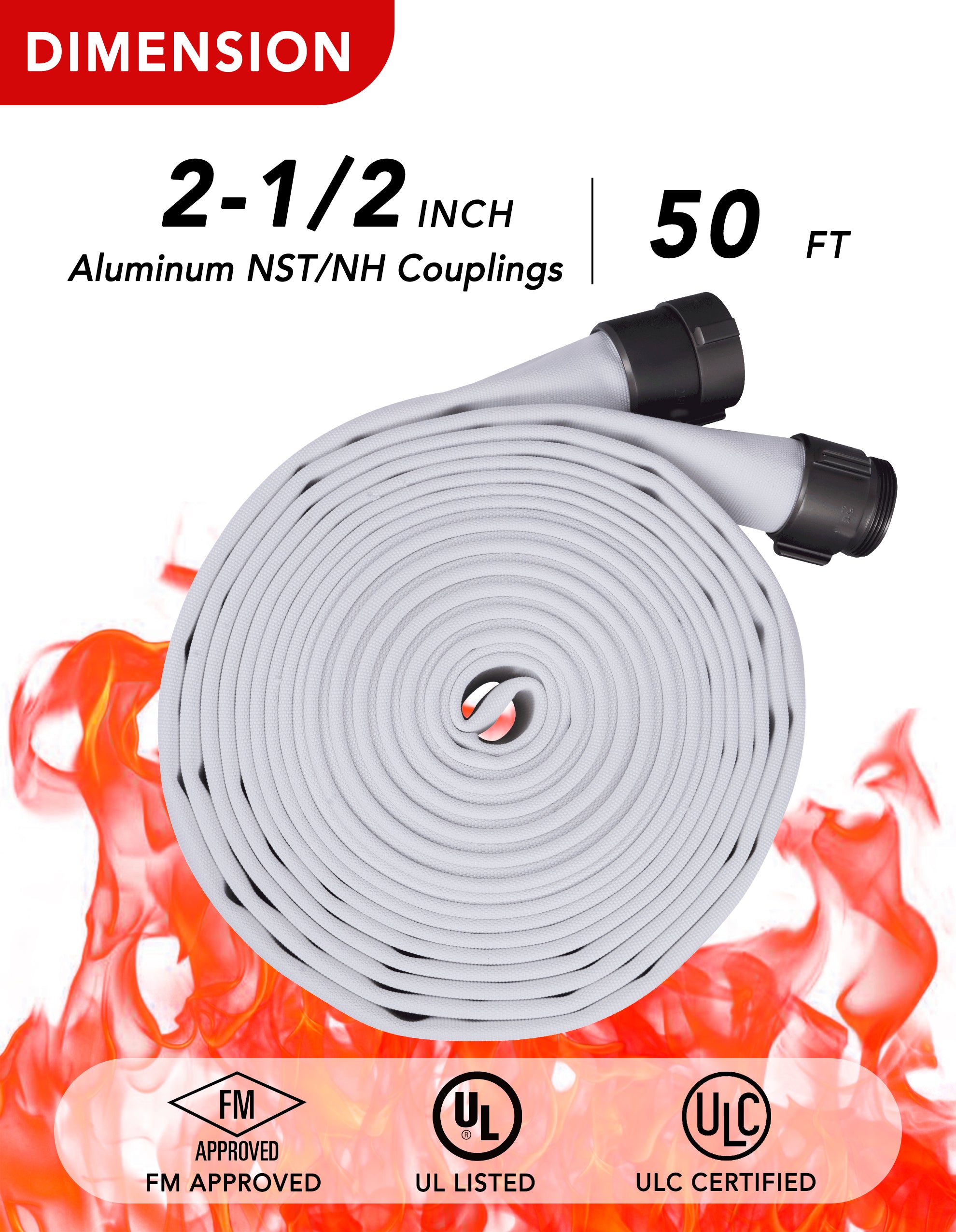 ZYfire Fire Hose - 2-1/2" ID x 50 FT Double Jacket EPDM Firefighter Hose with M x F NST/NH Aluminum Couplings 1200 PSI Burst Pressure Lightweight for Firefighting & Residential Use