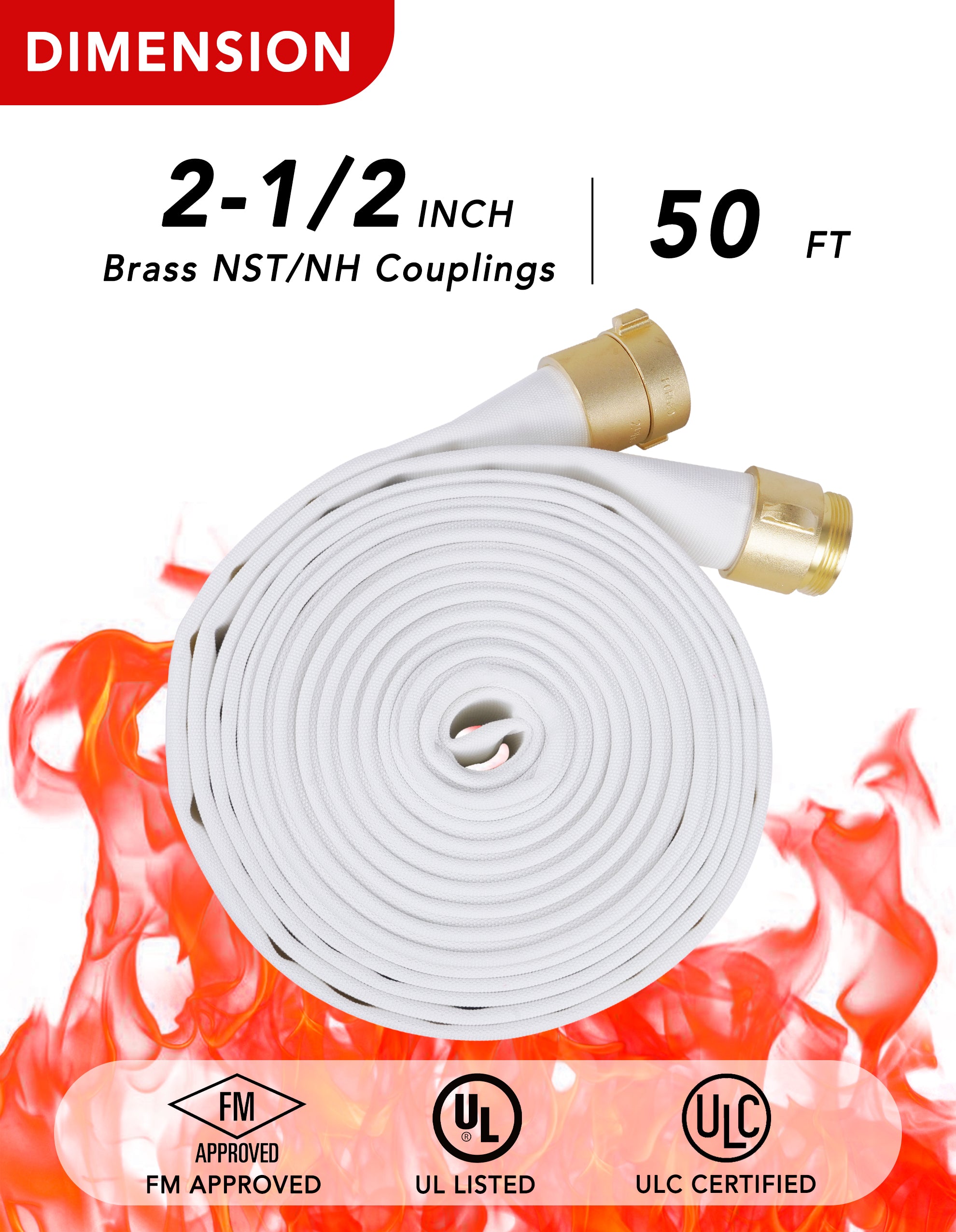 ZYfire Fire Hose - 2-1/2" ID x 50 FT Double Jacket TPU Firefighter Hose with M x F NST/NH Brass Couplings 1200 PSI Burst Pressure Lightweight for Firefighting & Residential Use