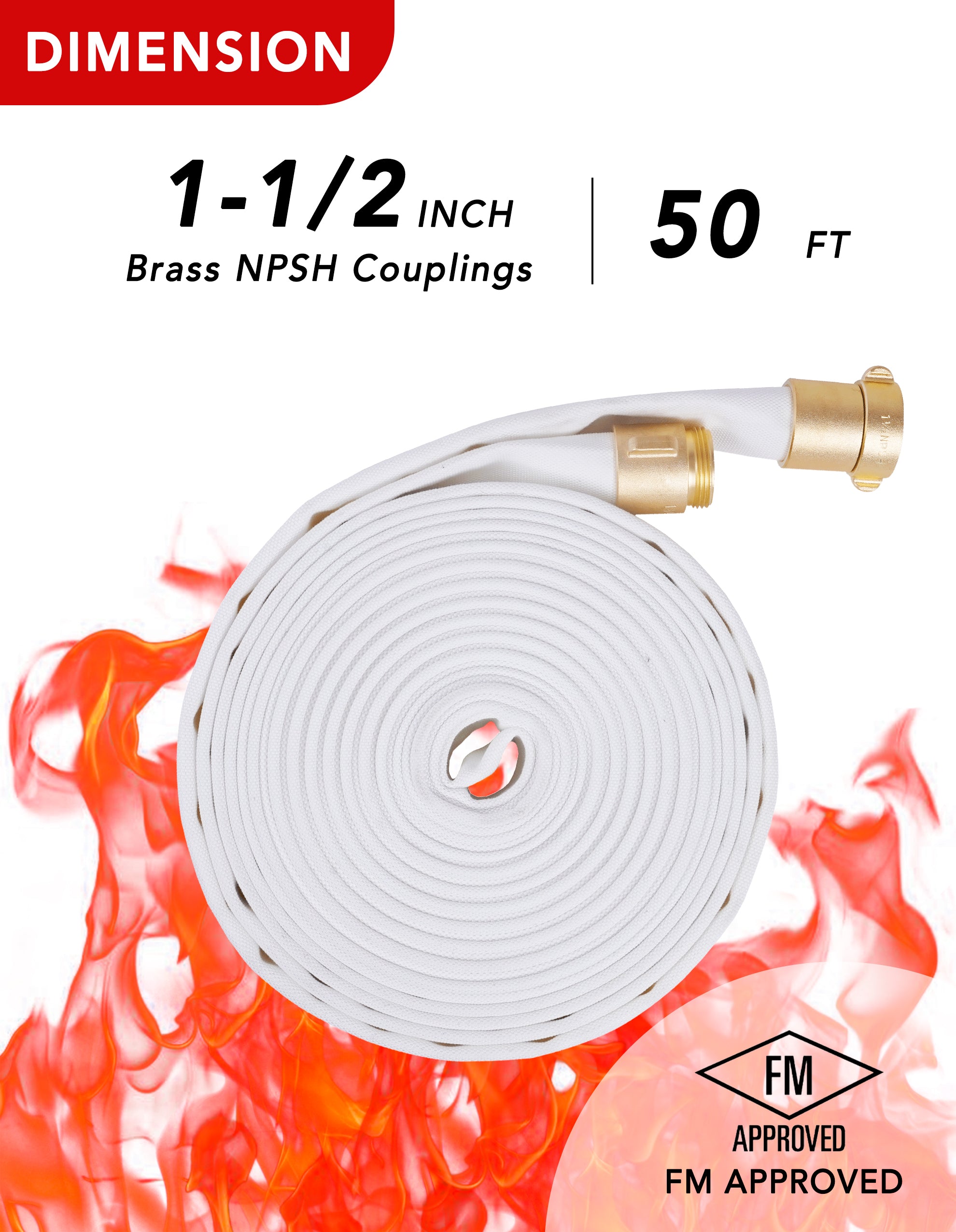 ZYfire Fire Hose - 1-1/2" ID x 50 FT Double Jacket TPU Firefighter Hose with M x F NPSH Brass Couplings 1200 PSI Burst Pressure Lightweight for Firefighting & Residential Use