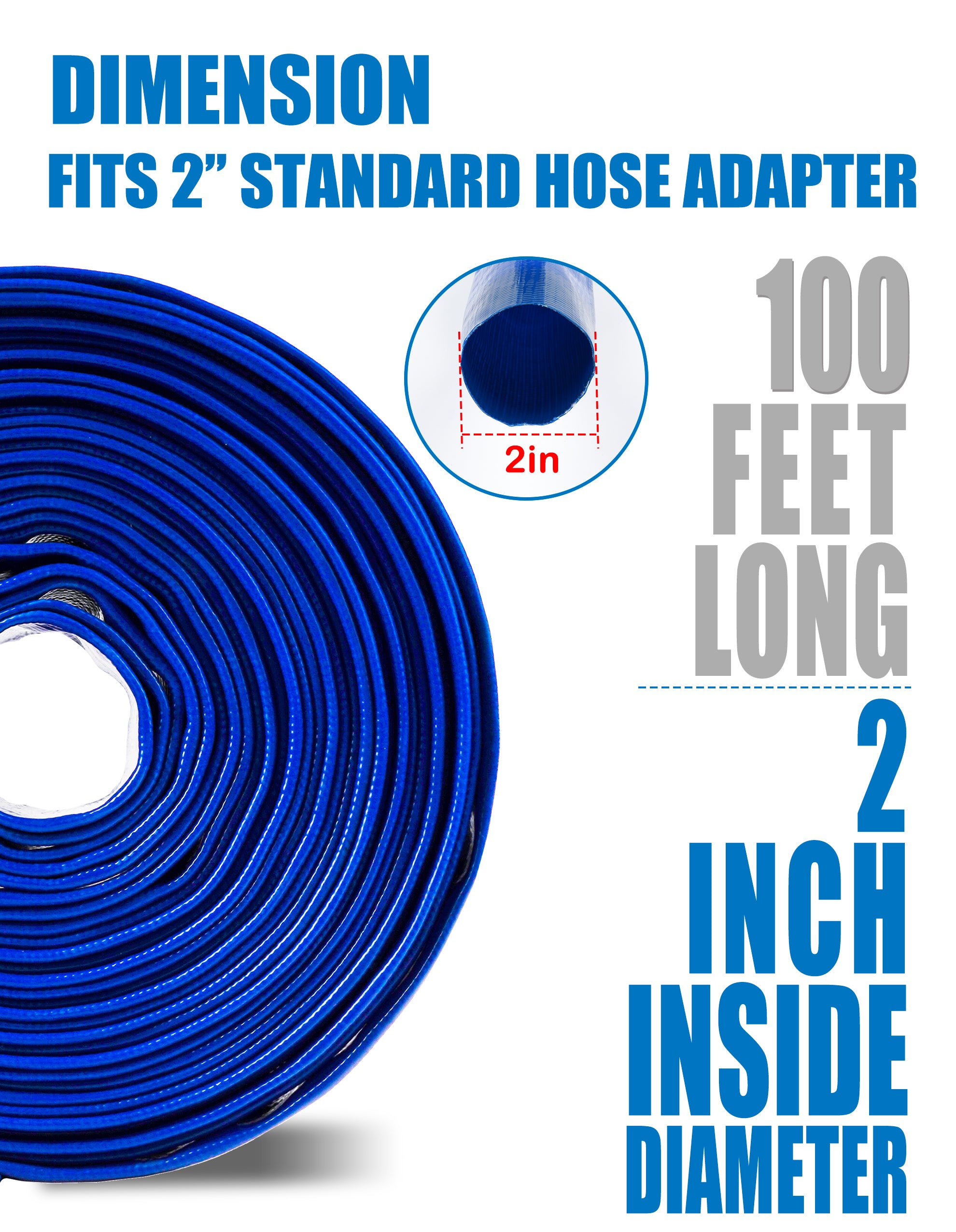 ZYfire Pool Backwash Hose with 2 Clamps - 2" x 100 FT PVC Lay Flat Discharge Hose Heavy Duty Reinforced Pool Hose Weather and Burst Resistant for Pool Drain, Sump Pump, Pool Filter-U.S. Warehouse