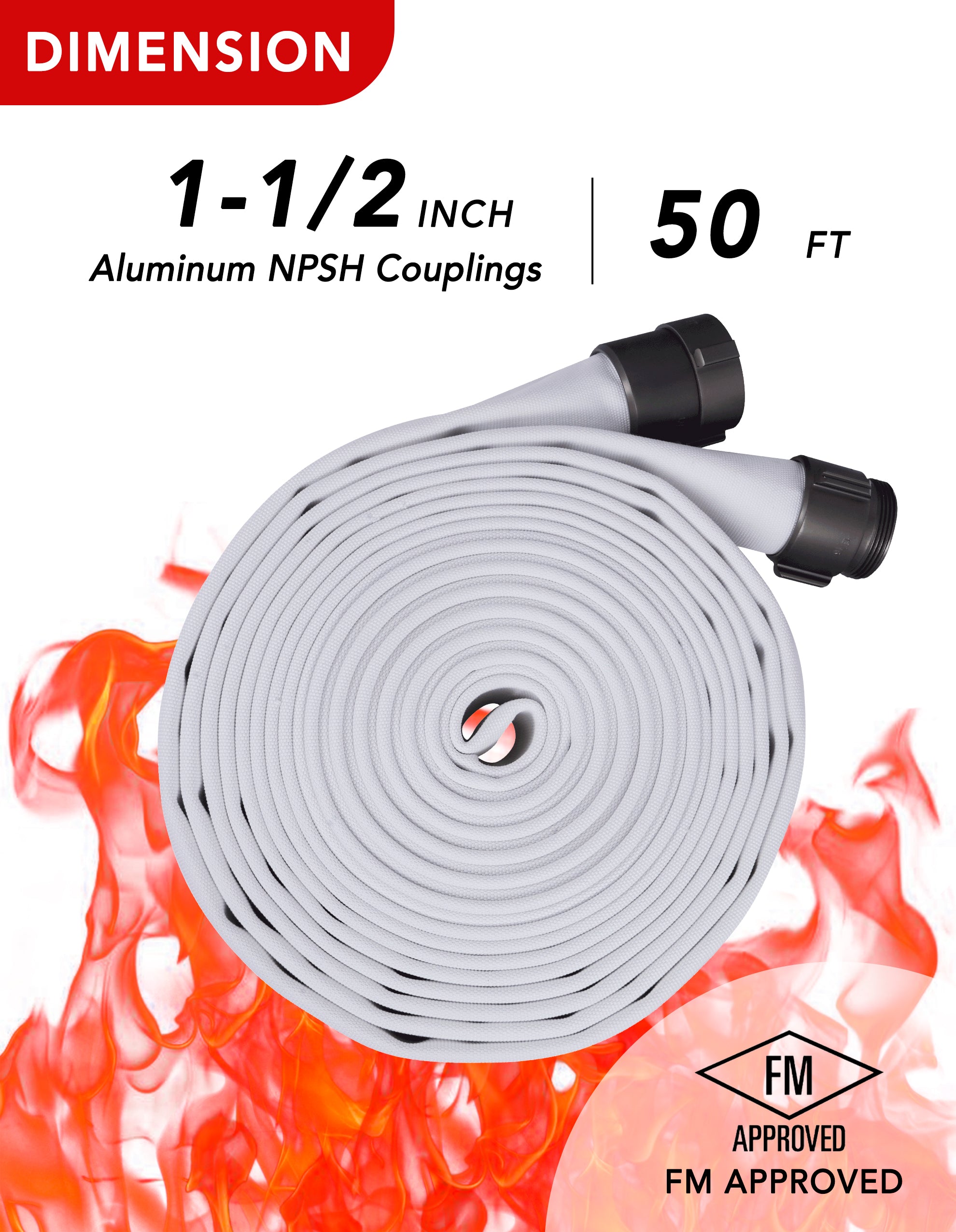 ZYfire Fire Hose - 1-1/2" ID x 50 FT Double Jacket EPDM Firefighter Hose with M x F NPSH Brass Couplings 1200 PSI Burst Pressure Lightweight for Firefighting & Residential Use