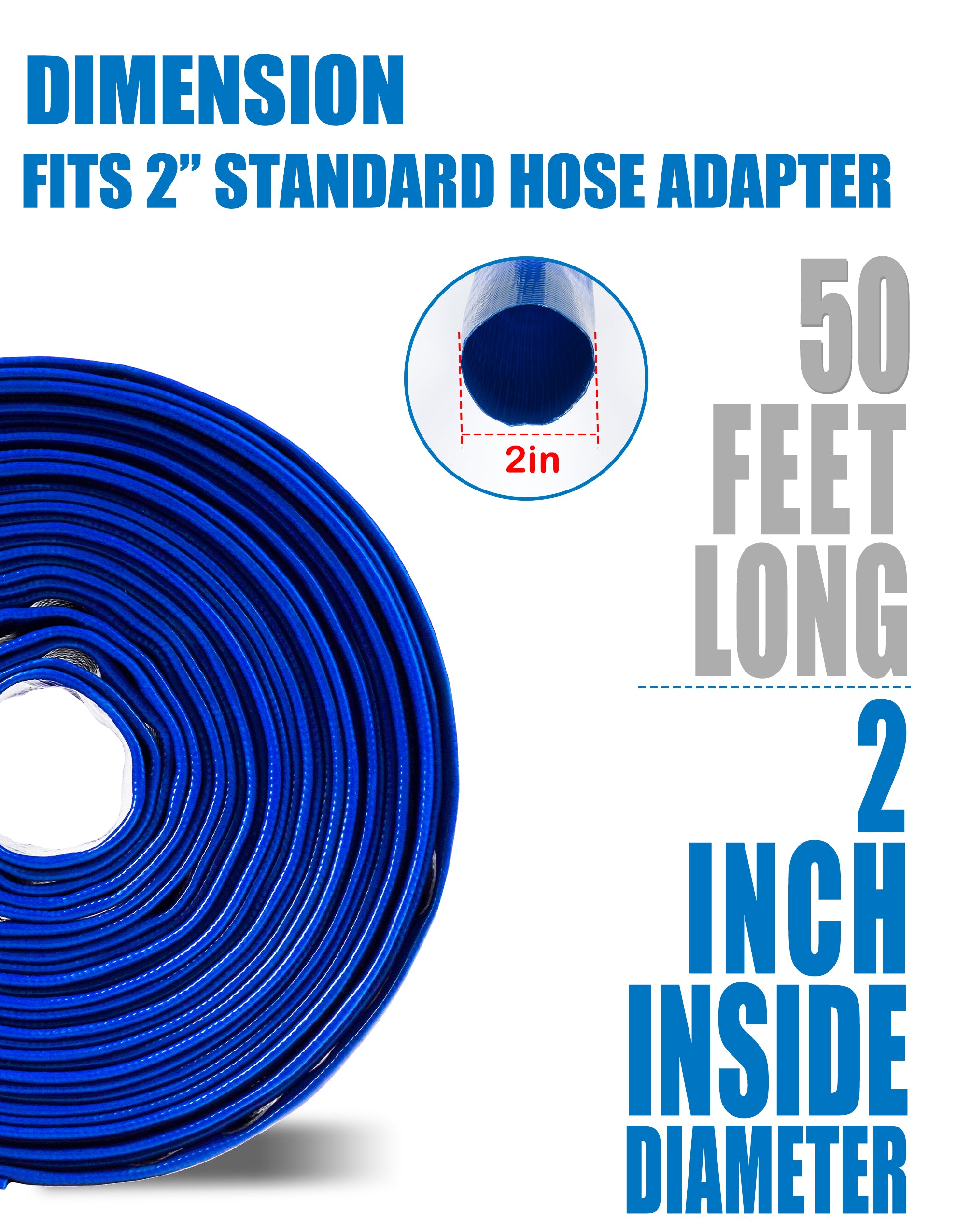 ZYfire Pool Backwash Hose with 2 Clamps - 2" x 50 FT PVC Lay Flat Discharge Hose Heavy Duty Reinforced Pool Hose Weather and Burst Resistant for Pool Drain, Sump Pump, Pool Filter-U.S. Warehouse