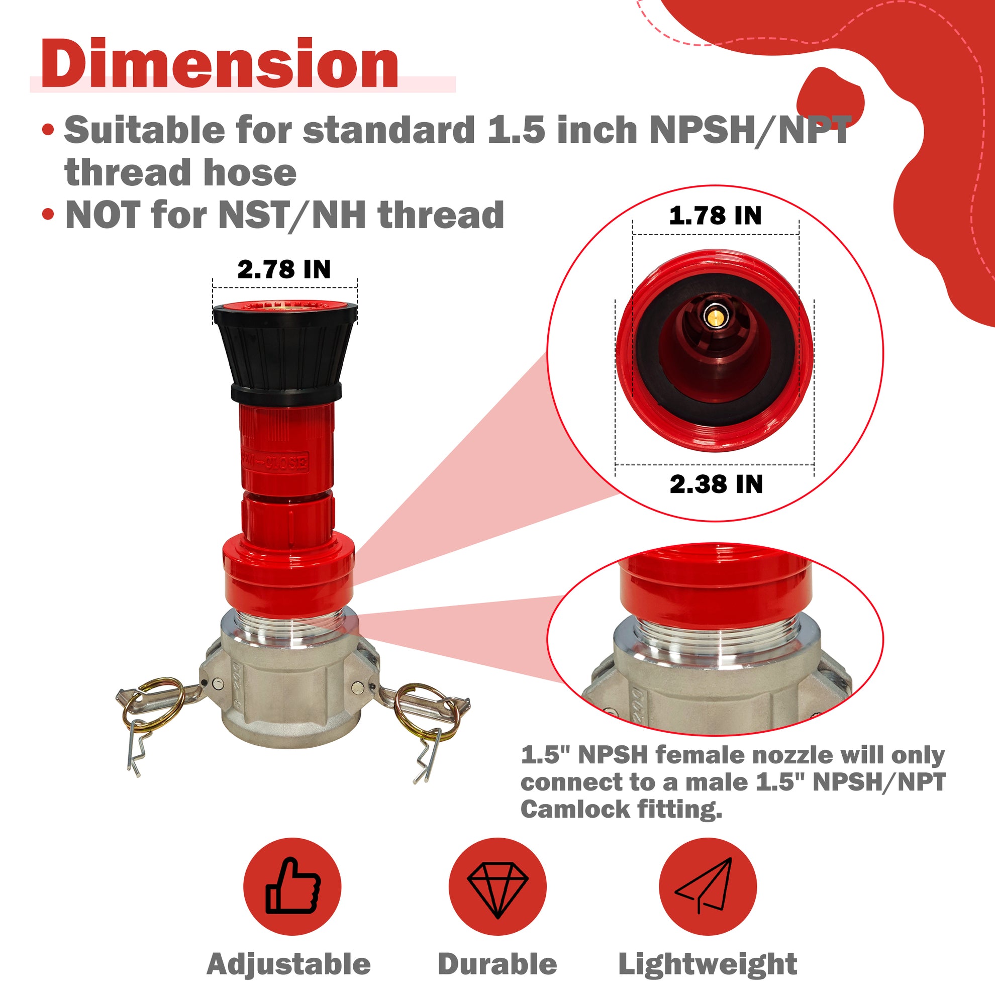 ZYfire Fire Hose Nozzle - 1-1/2" NPSH Heavy Duty Fire Suppression Nozzle with Aluminum Camlock Fitting 1-1/2 inch Fire Hose Constant Flow Fog Nozzle (Not for NST/NH Thread)-U.S. Warehouse