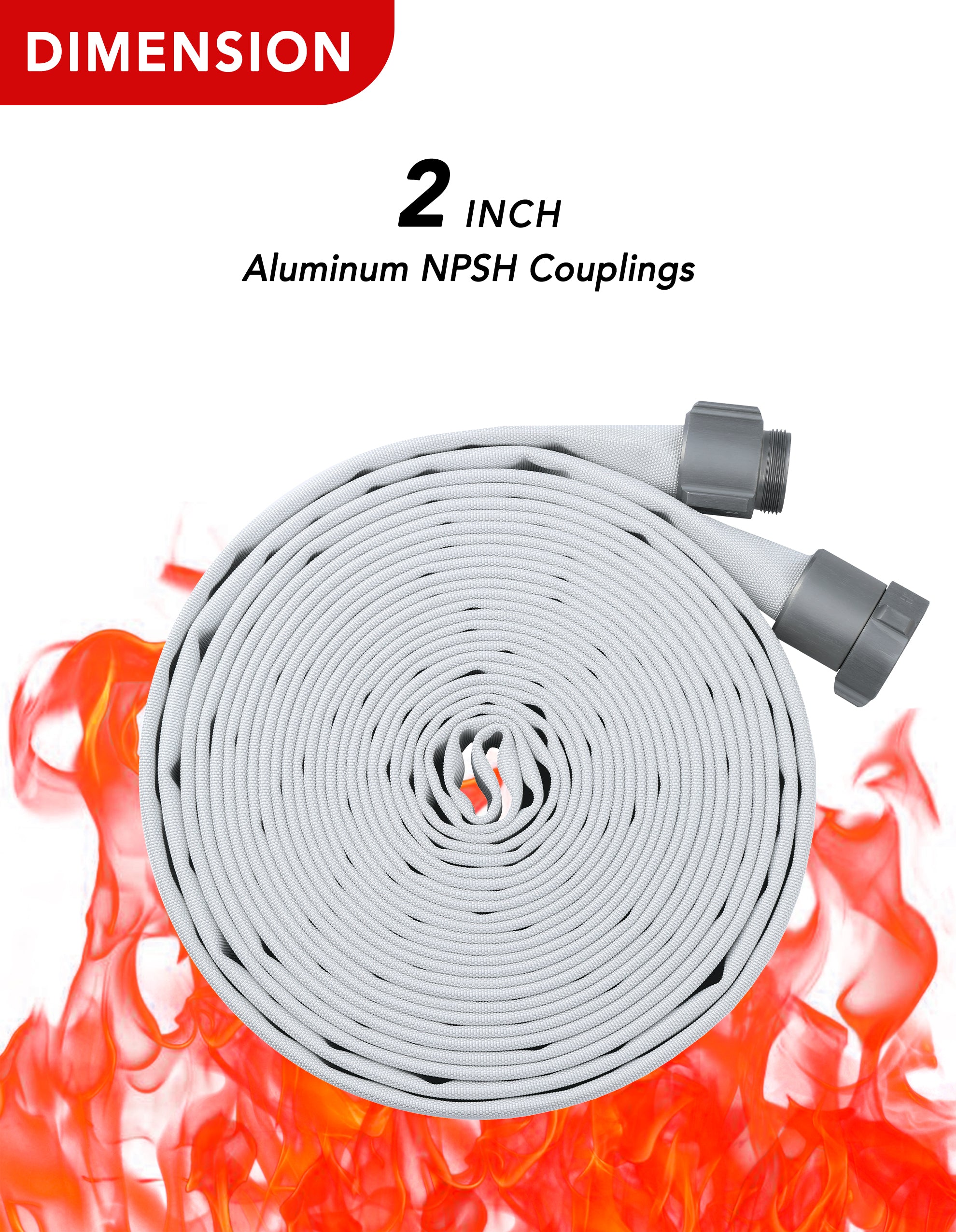 ZYfire Fire Hose - 2" ID Single Jacket EPDM Fire Hose Firefighter Hose with NPSH Aluminum Couplings White Industrial Hose Lightweight Lay Flat Water Hose for Use in Firefighting-U.S. Warehouse