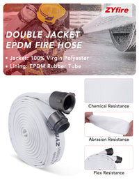 ZYfire Fire Hose - 2-1/2" ID x 50 FT Double Jacket EPDM Firefighter Hose with M x F NPSH Brass Couplings 1200 PSI Burst Pressure Lightweight for Firefighting & Residential Use