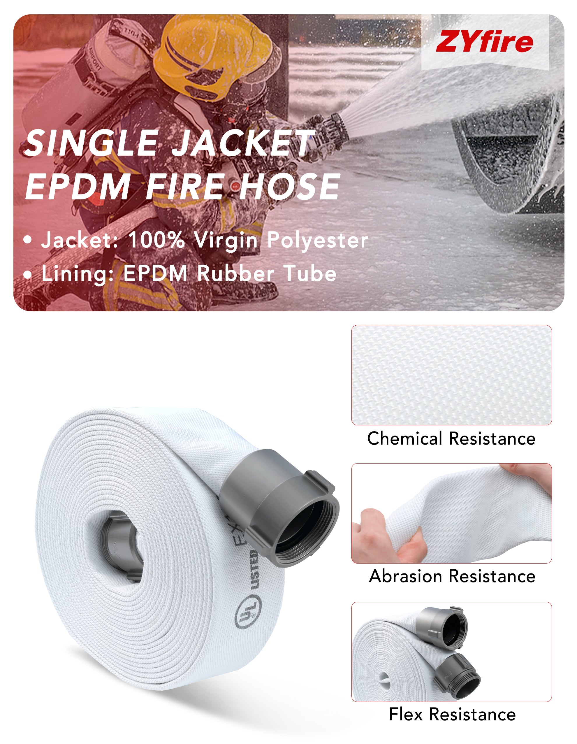 ZYfire Fire Hose - 2-1/2" ID Single Jacket EPDM Fire Hose Firefighter Hose with NPSH Aluminum Couplings White Industrial Hose Lightweight Lay Flat Water Hose for Use in Firefighting-U.S. Warehouse