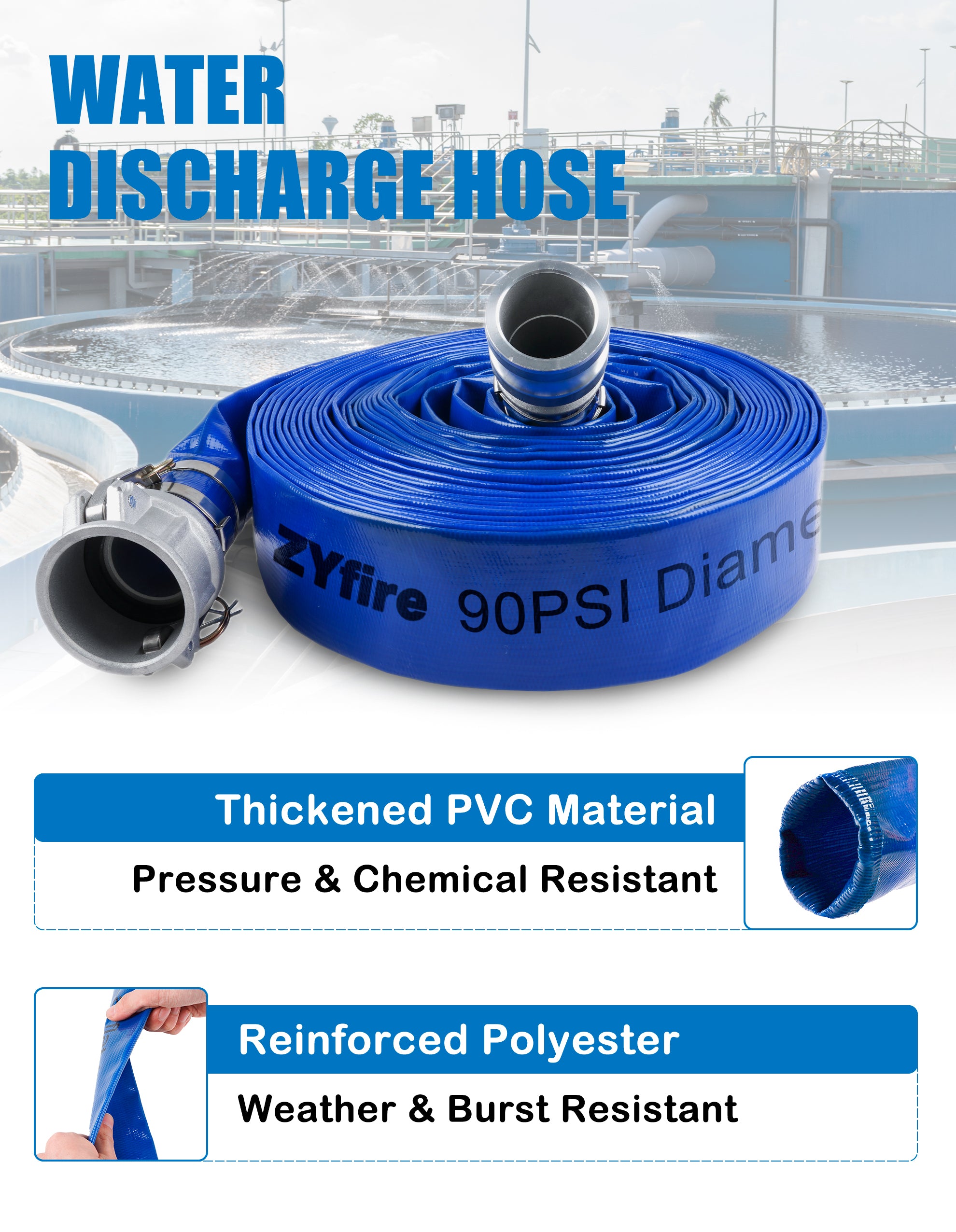 ZYfire Backwash Hose - 2" x 100 FT PVC Lay Flat Discharge Hose with Aluminum Camlock C & E Fittings Heavy Duty Reinforced Pump Discharge Hose Weather and Burst Resistant for Pool Drain, Sump Pump-U.S. Warehouse