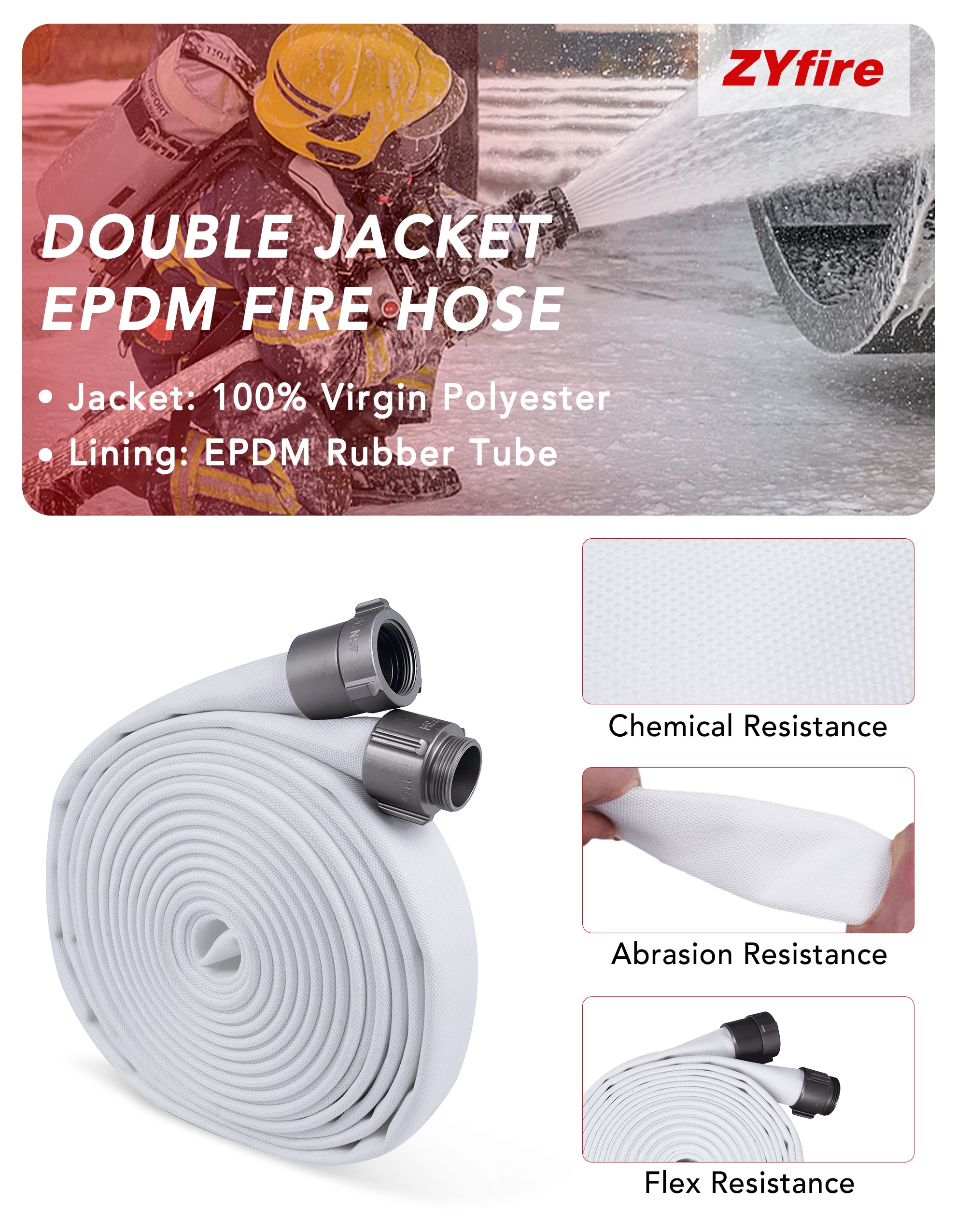 ZYfire Fire Hose - 1-1/2" ID x 50 FT Double Jacket EPDM Firefighter Hose with M x F NST/NH Aluminum Couplings 1200 PSI Burst Pressure Lightweight for Firefighting & Residential Use