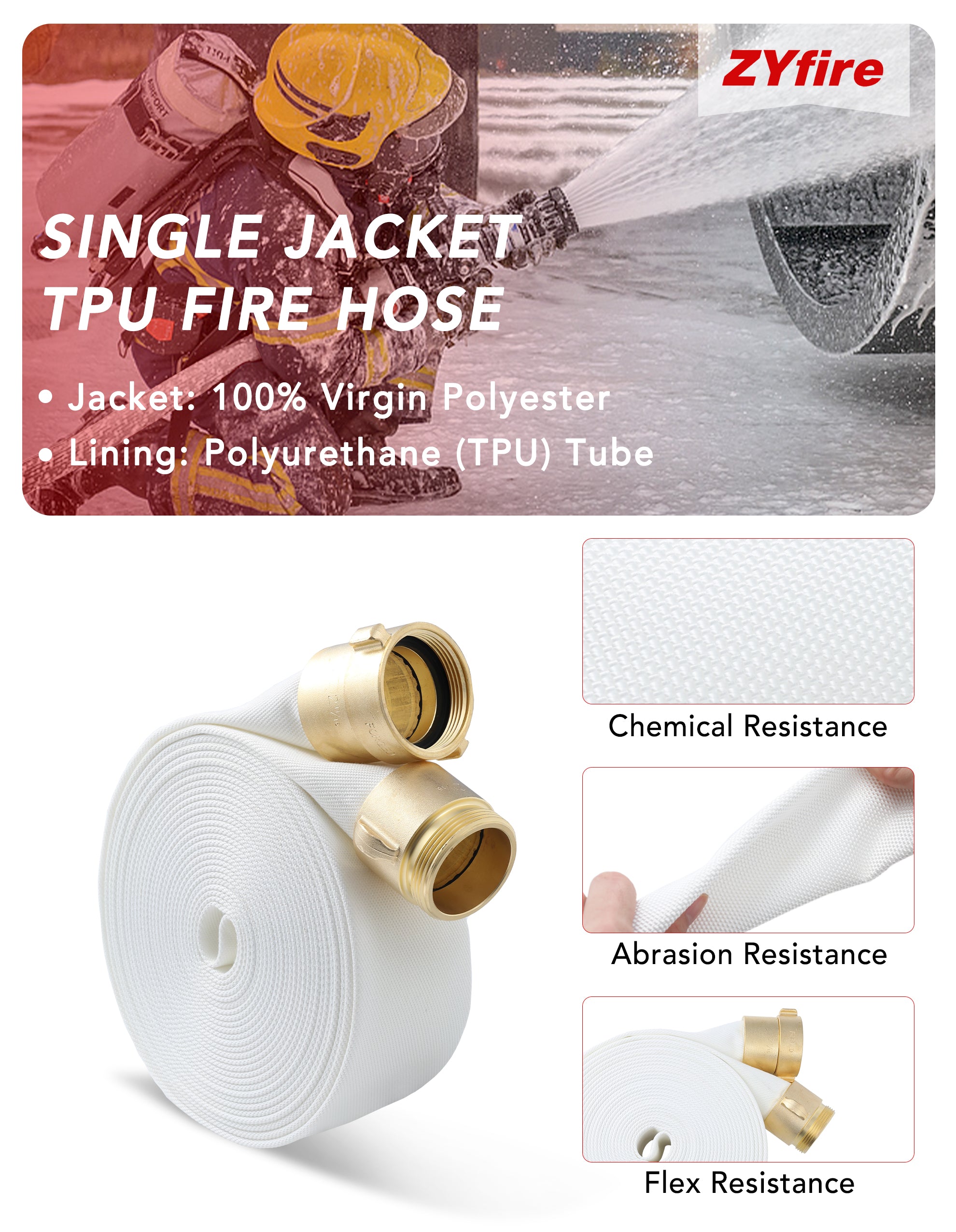 ZYfire Fire Hose - 2-1/2" ID Single Jacket TPU Fire Hose White Industrial Hose Firefighter Hose with NPSH Brass Couplings Lightweight Lay Flat Water Hose for Use in Firefighting-U.S. Warehouse