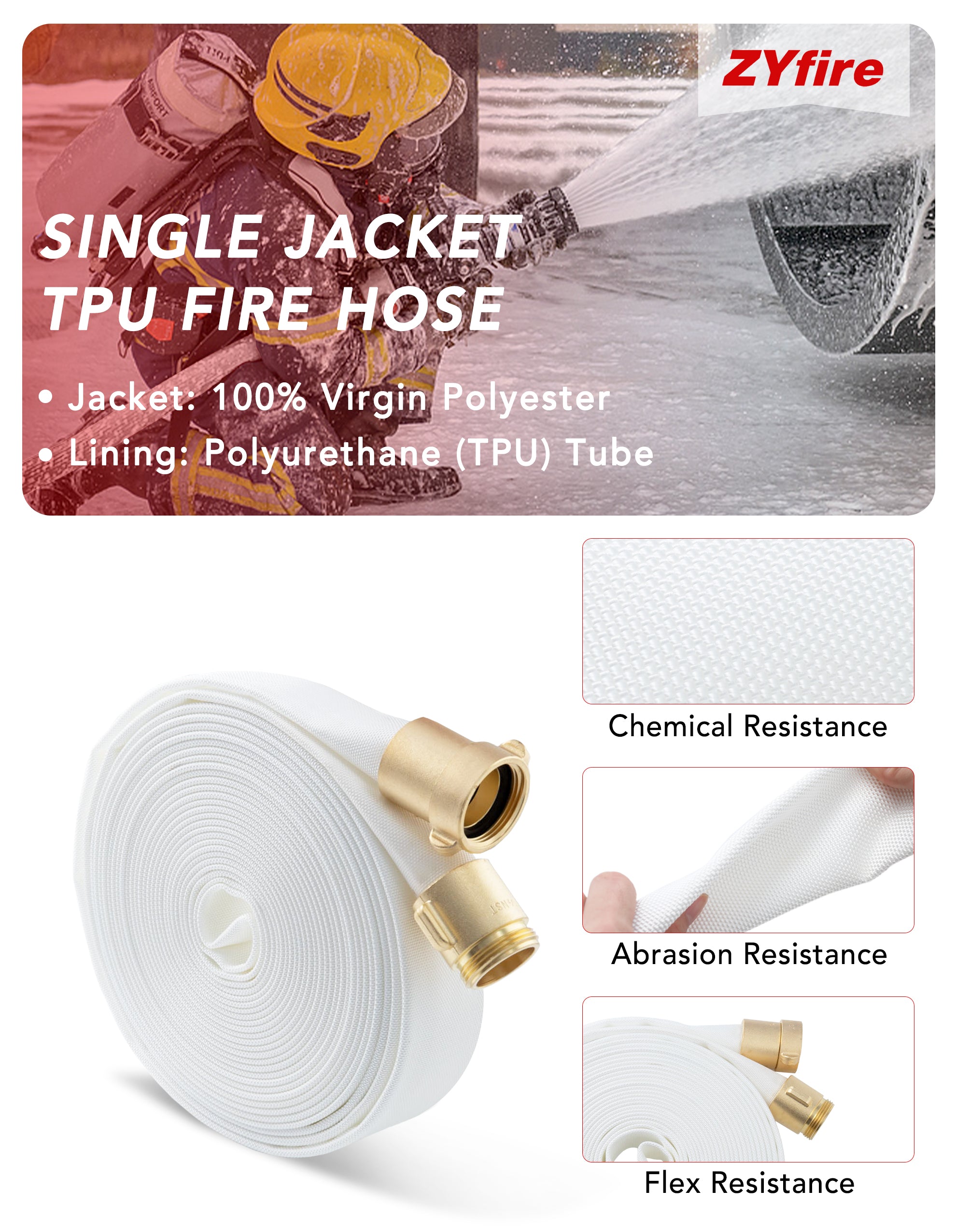 ZYfire Fire Hose - 2" ID Single Jacket TPU Fire Hose Industrial Hose Firefighter Hose with M × F NST/NH Brass Couplings Lightweight Lay Flat Water Hose for Use in Firefighting, Residential-U.S. Warehouse