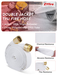 ZYfire Fire Hose - 2-1/2" ID x 50 FT Double Jacket TPU Firefighter Hose with M x F NST/NH Brass Couplings 1200 PSI Burst Pressure Lightweight for Firefighting & Residential Use