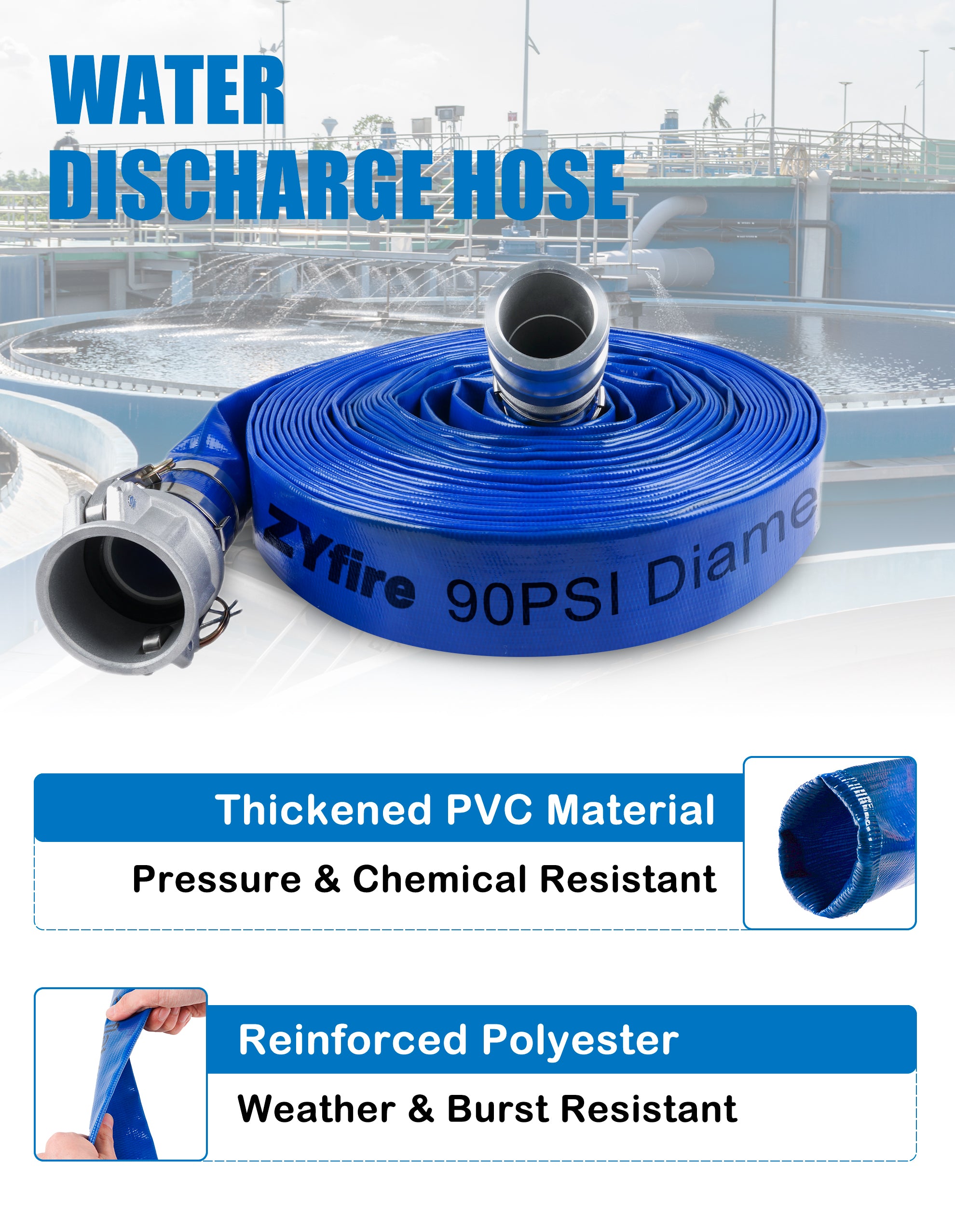 ZYfire Backwash Hose - 1-1/2" x 100 FT PVC Lay Flat Discharge Hose with Aluminum Camlock C & E Fittings Heavy Duty Reinforced Pump Discharge Hose Weather and Burst Resistant for Pool Drain, Sump Pump-U.S. Warehouse