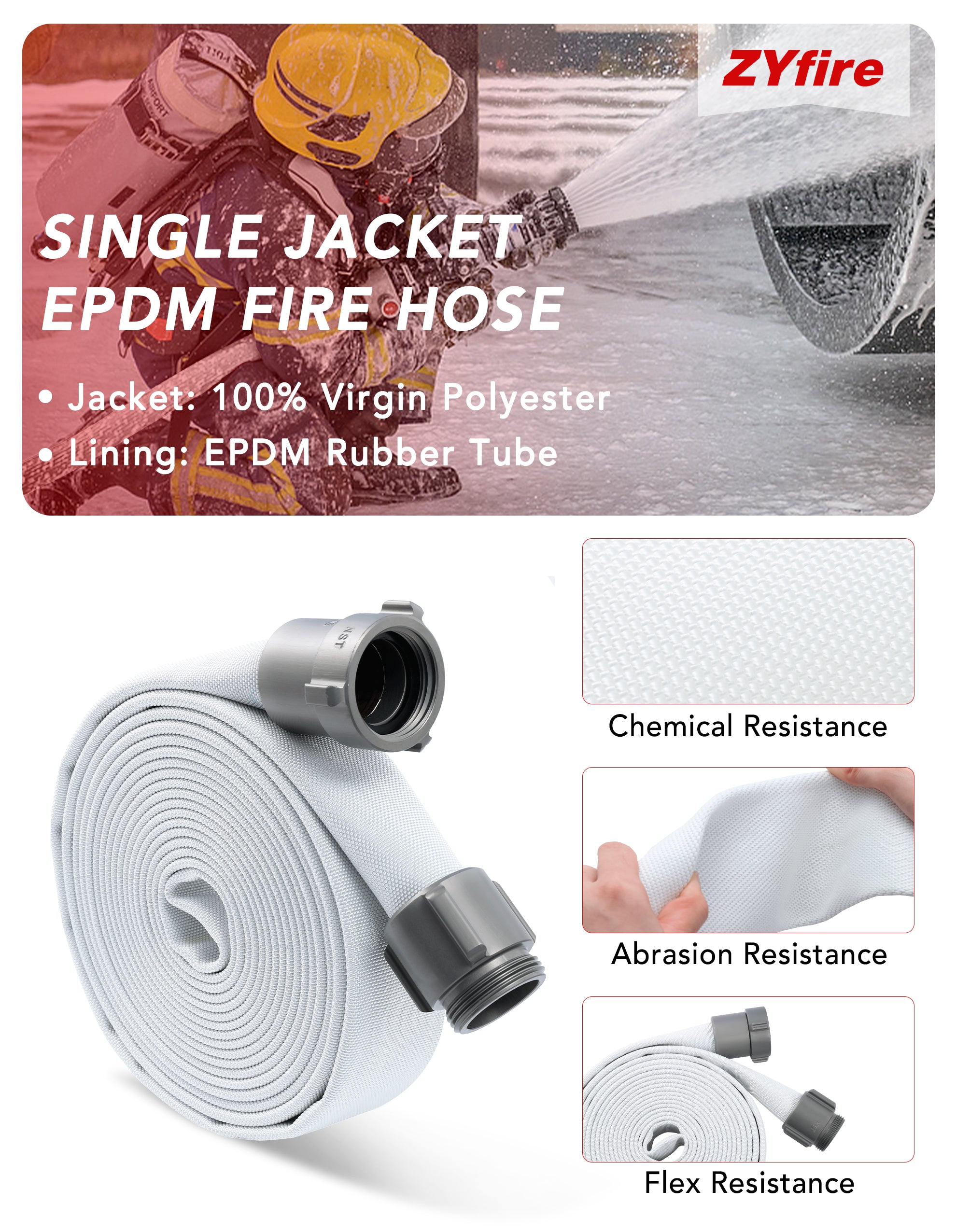 ZYfire Fire Hose - 2" ID Single Jacket EPDM Fire Hose Firefighter Hose with M × F NST/NH Aluminum Couplings White Industrial Hose Lightweight Lay Flat Water Hose for Use in Firefighting-U.S. Warehouse