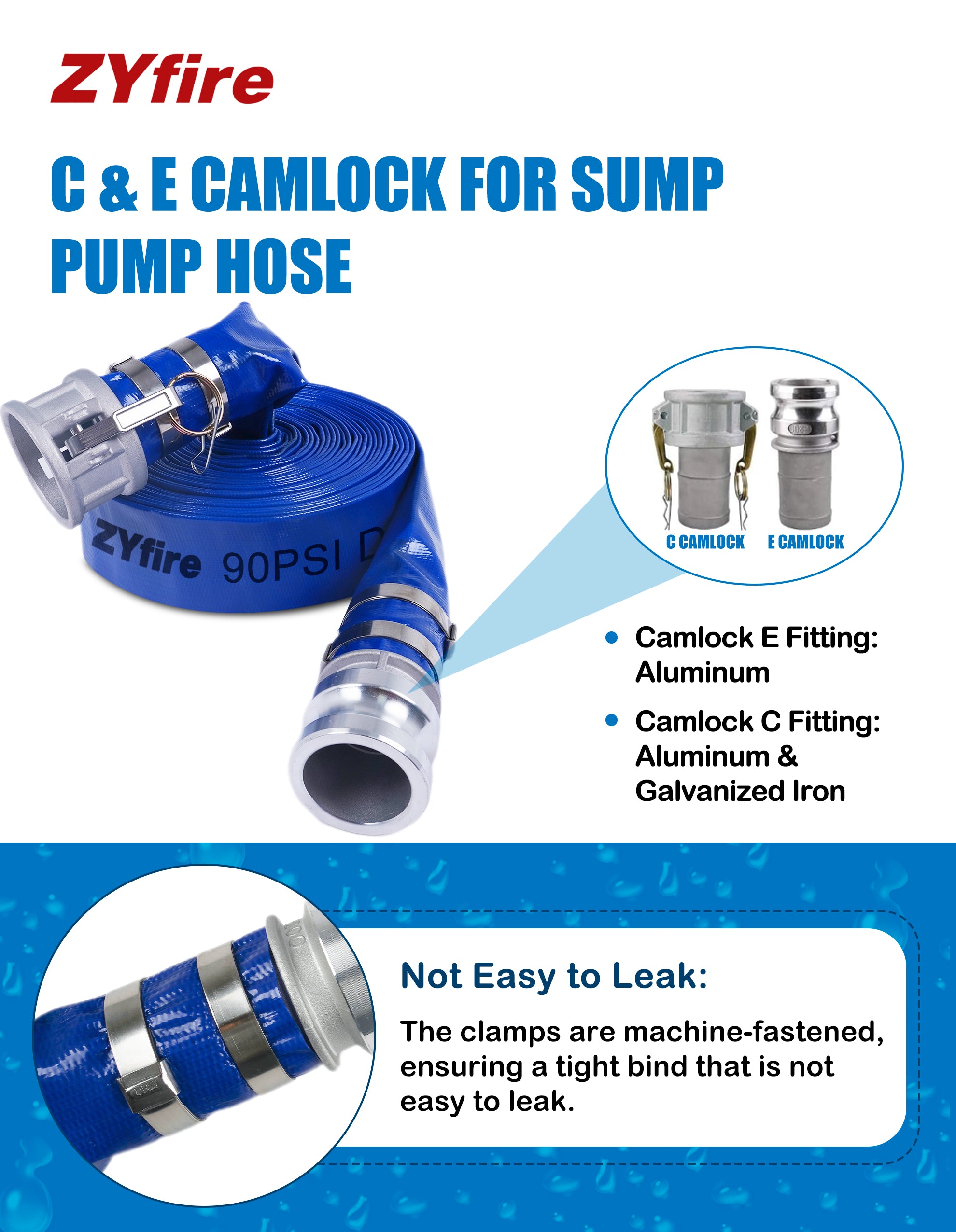 ZYfire Backwash Hose - 1-1/2" x 50 FT PVC Lay Flat Discharge Hose with Aluminum Camlock C & E Fittings Heavy Duty Reinforced Pump Discharge Hose Weather and Burst Resistant for Pool Drain, Sump Pump-U.S. Warehouse
