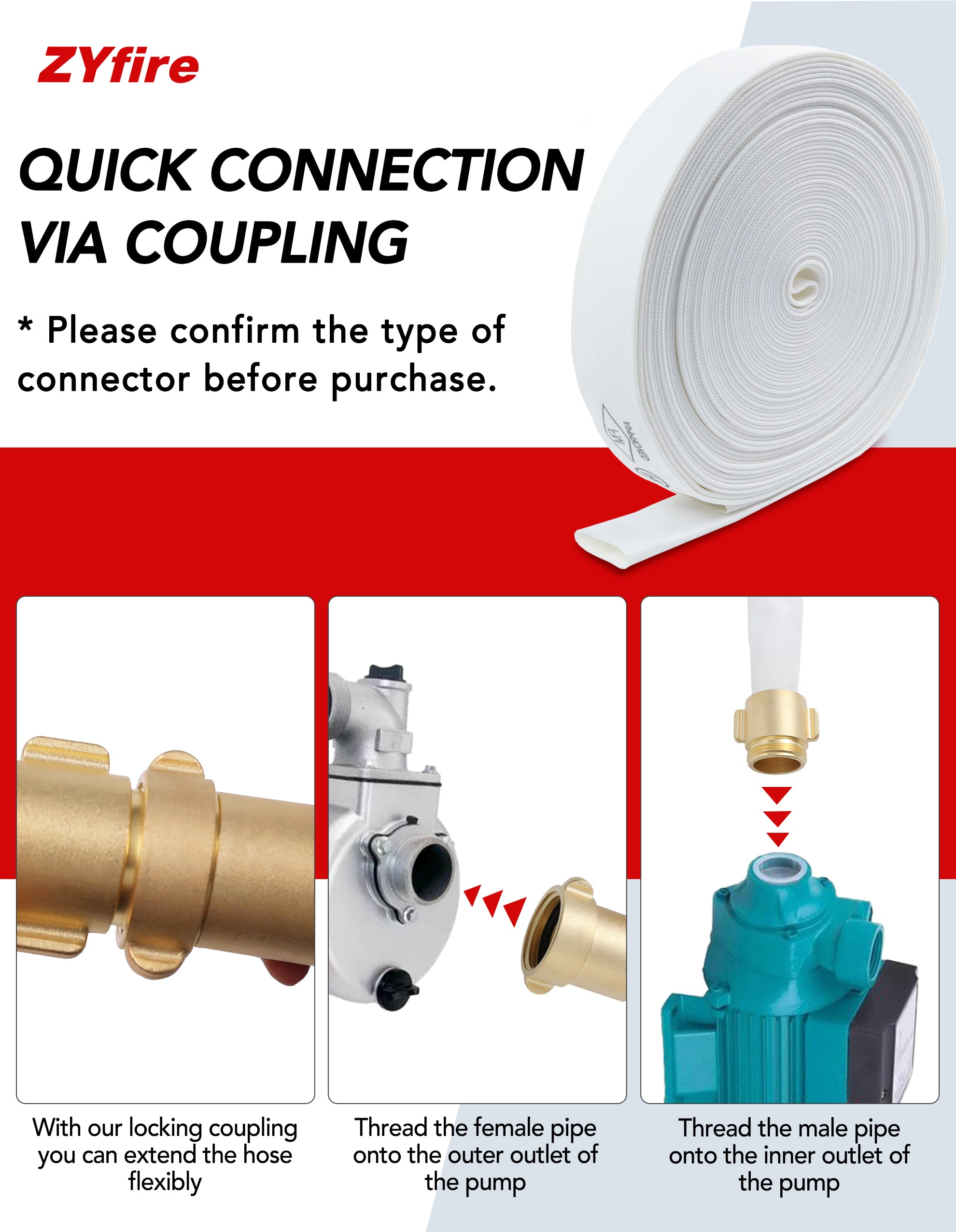 ZYfire Fire Hose - 2-1/2" ID Single Jacket TPU Fire Hose White Industrial Hose Firefighter Hose with NPSH Brass Couplings Lightweight Lay Flat Water Hose for Use in Firefighting-U.S. Warehouse