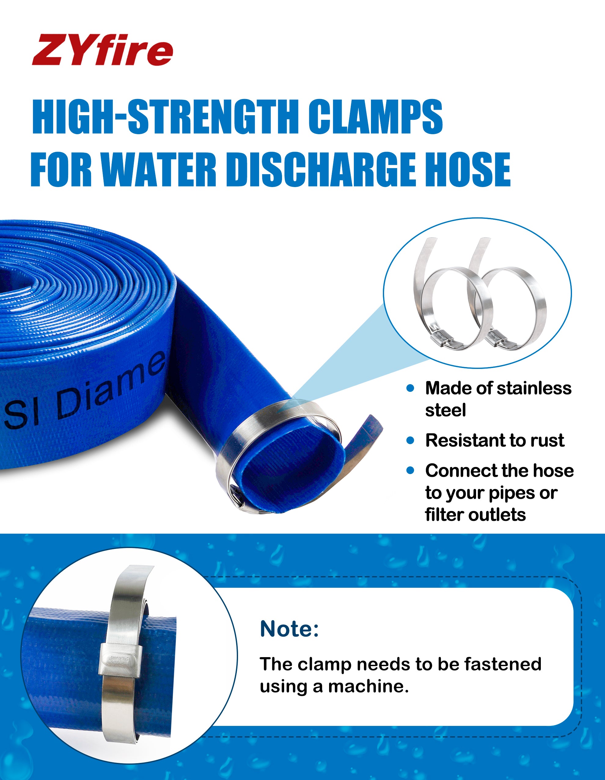 ZYfire Pool Backwash Hose with 2 Clamps - 1-1/2" x 50 FT PVC Lay Flat Discharge Hose Heavy Duty Reinforced Pool Hose Weather and Burst Resistant for Pool Drain, Sump Pump, Pool Filter-U.S. Warehouse