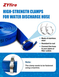 ZYfire Pool Backwash Hose with 2 Clamps - 1-1/2" x 50 FT PVC Lay Flat Discharge Hose Heavy Duty Reinforced Pool Hose Weather and Burst Resistant for Pool Drain, Sump Pump, Pool Filter-U.S. Warehouse