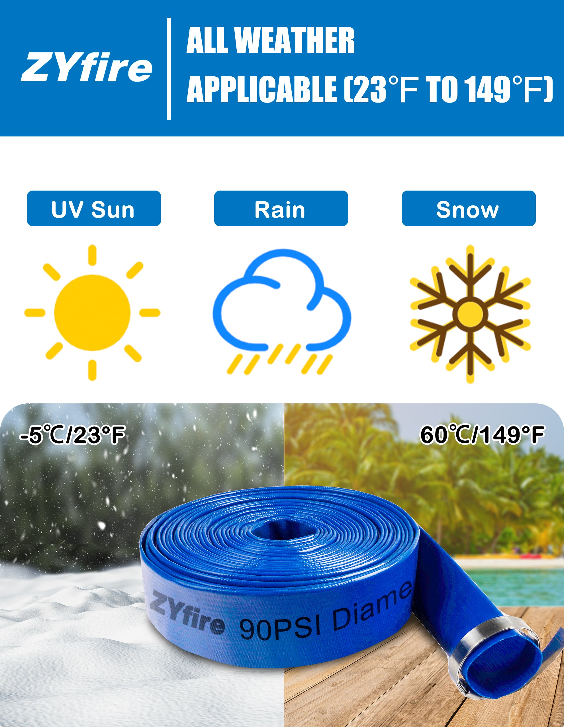ZYfire Pool Backwash Hose with 2 Clamps - 1-1/2" x 100 FT PVC Lay Flat Discharge Hose Heavy Duty Reinforced Pool Hose Weather and Burst Resistant for Pool Drain, Sump Pump, Pool Filter-U.S. Warehouse