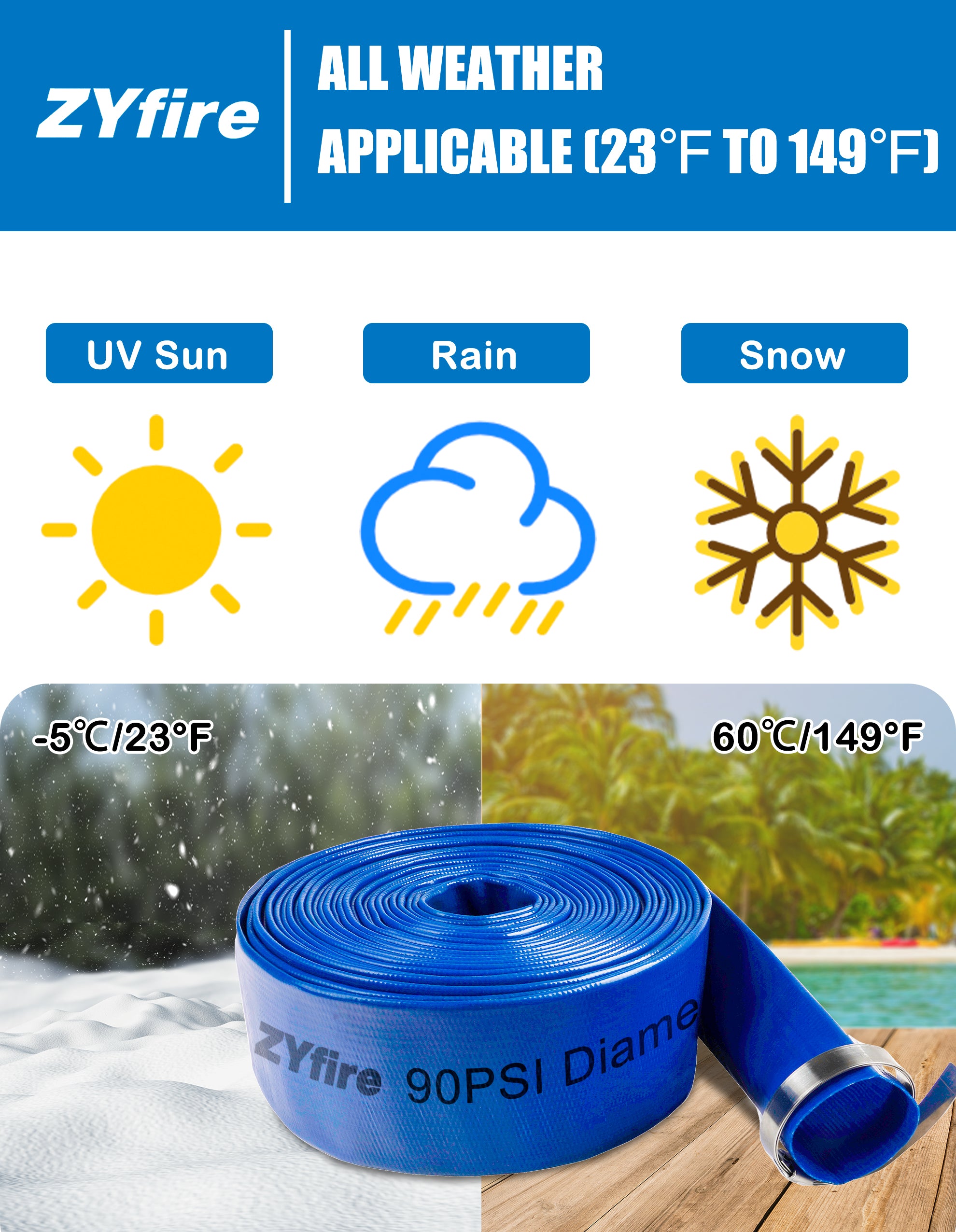 ZYfire Pool Backwash Hose with 2 Clamps - 2" x 100 FT PVC Lay Flat Discharge Hose Heavy Duty Reinforced Pool Hose Weather and Burst Resistant for Pool Drain, Sump Pump, Pool Filter-U.S. Warehouse