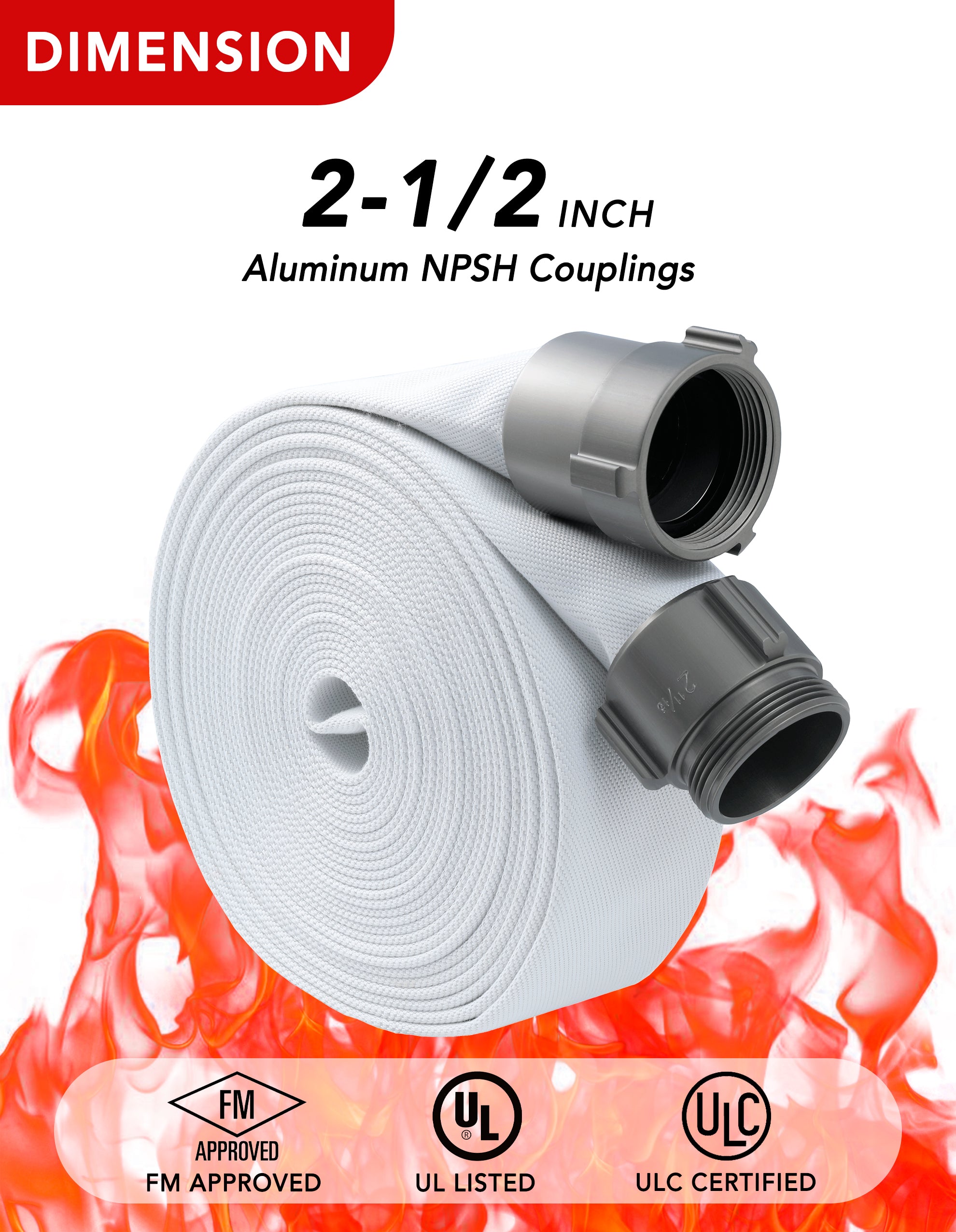 ZYfire Fire Hose - 2-1/2" ID Single Jacket EPDM Fire Hose Firefighter Hose with NPSH Aluminum Couplings White Industrial Hose Lightweight Lay Flat Water Hose for Use in Firefighting-U.S. Warehouse