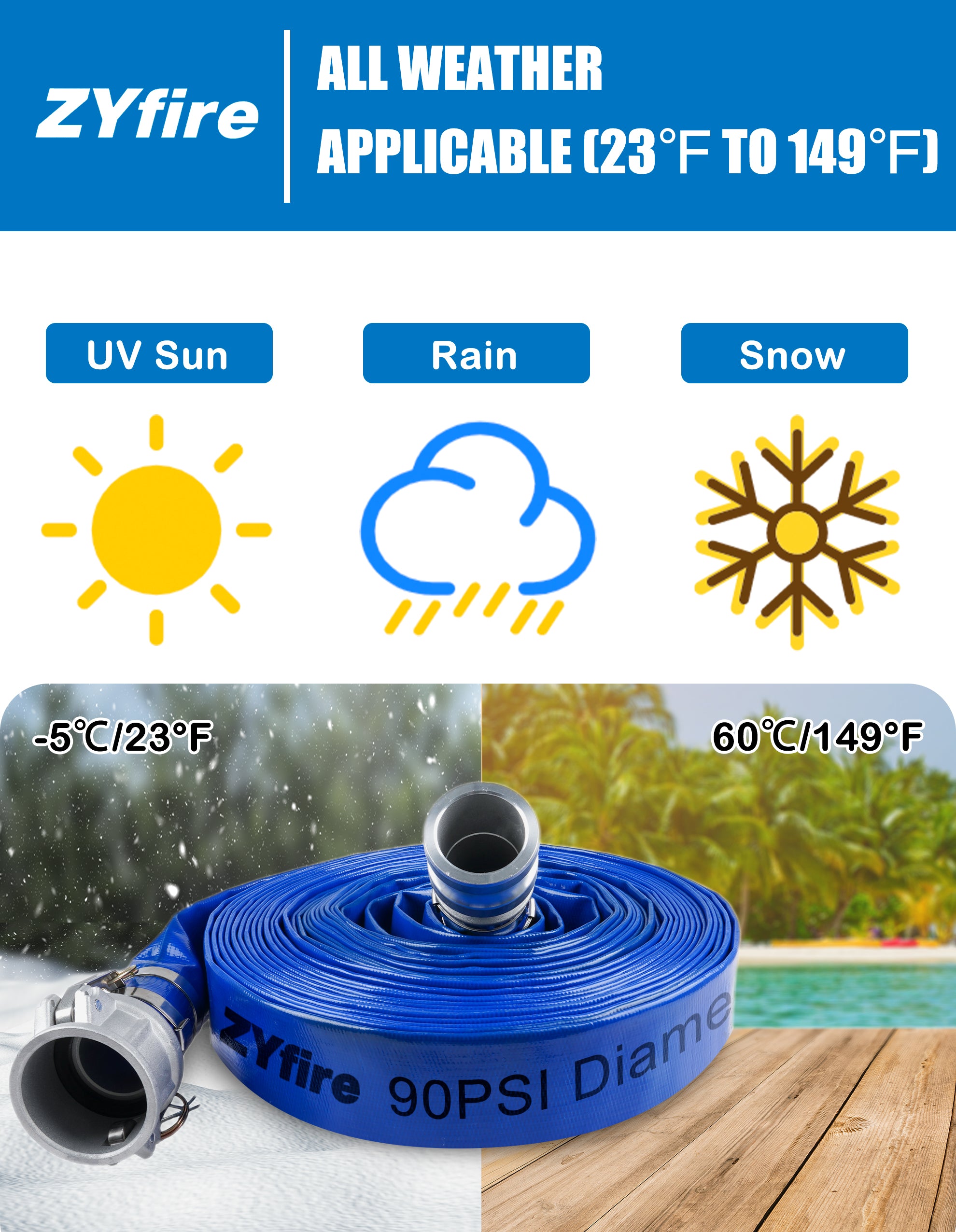 ZYfire Backwash Hose - 1-1/2" x 100 FT PVC Lay Flat Discharge Hose with Aluminum Camlock C & E Fittings Heavy Duty Reinforced Pump Discharge Hose Weather and Burst Resistant for Pool Drain, Sump Pump-U.S. Warehouse