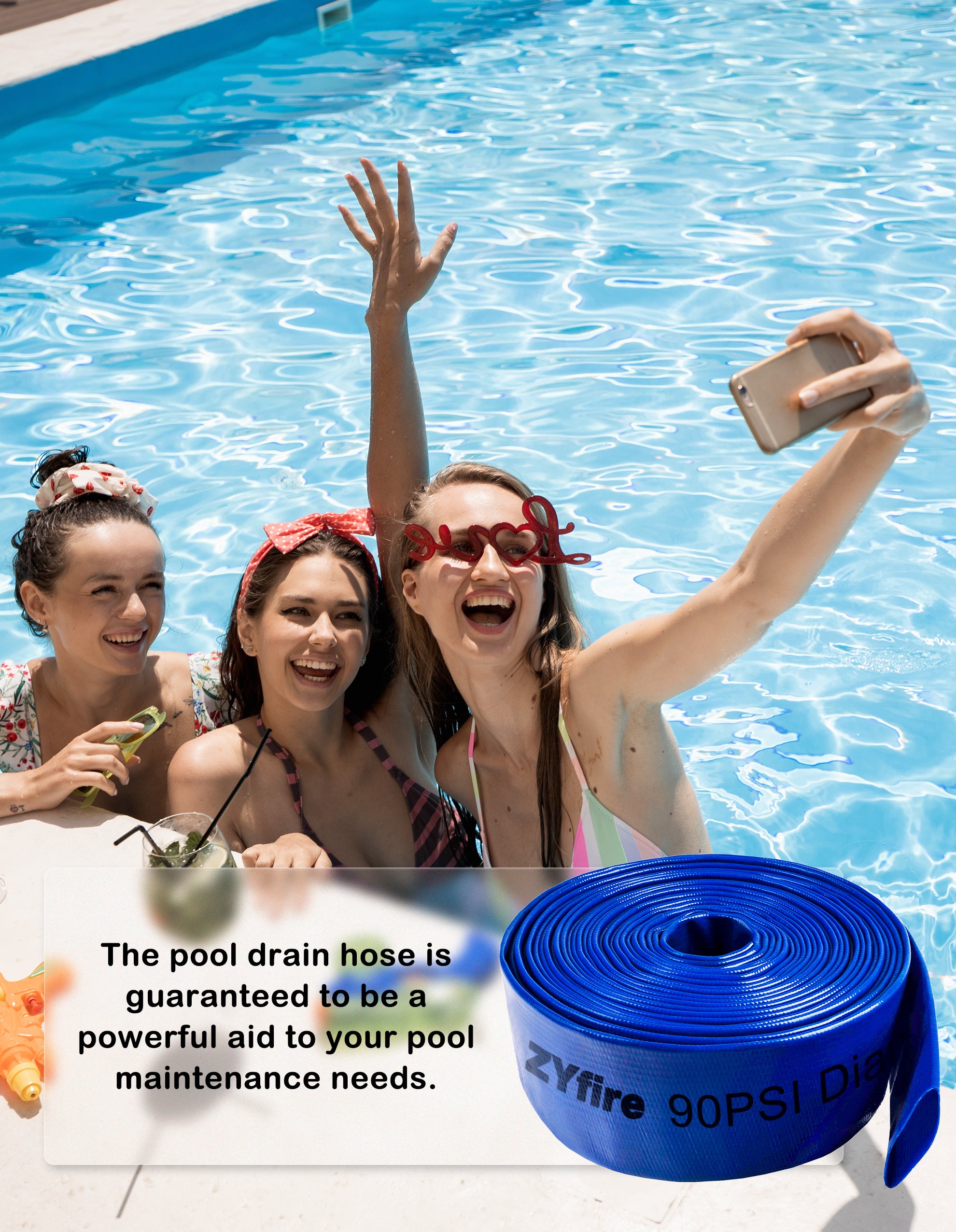 ZYfire Pool Backwash Hose with 2 Clamps - 2" x 50 FT PVC Lay Flat Discharge Hose Heavy Duty Reinforced Pool Hose Weather and Burst Resistant for Pool Drain, Sump Pump, Pool Filter-U.S. Warehouse
