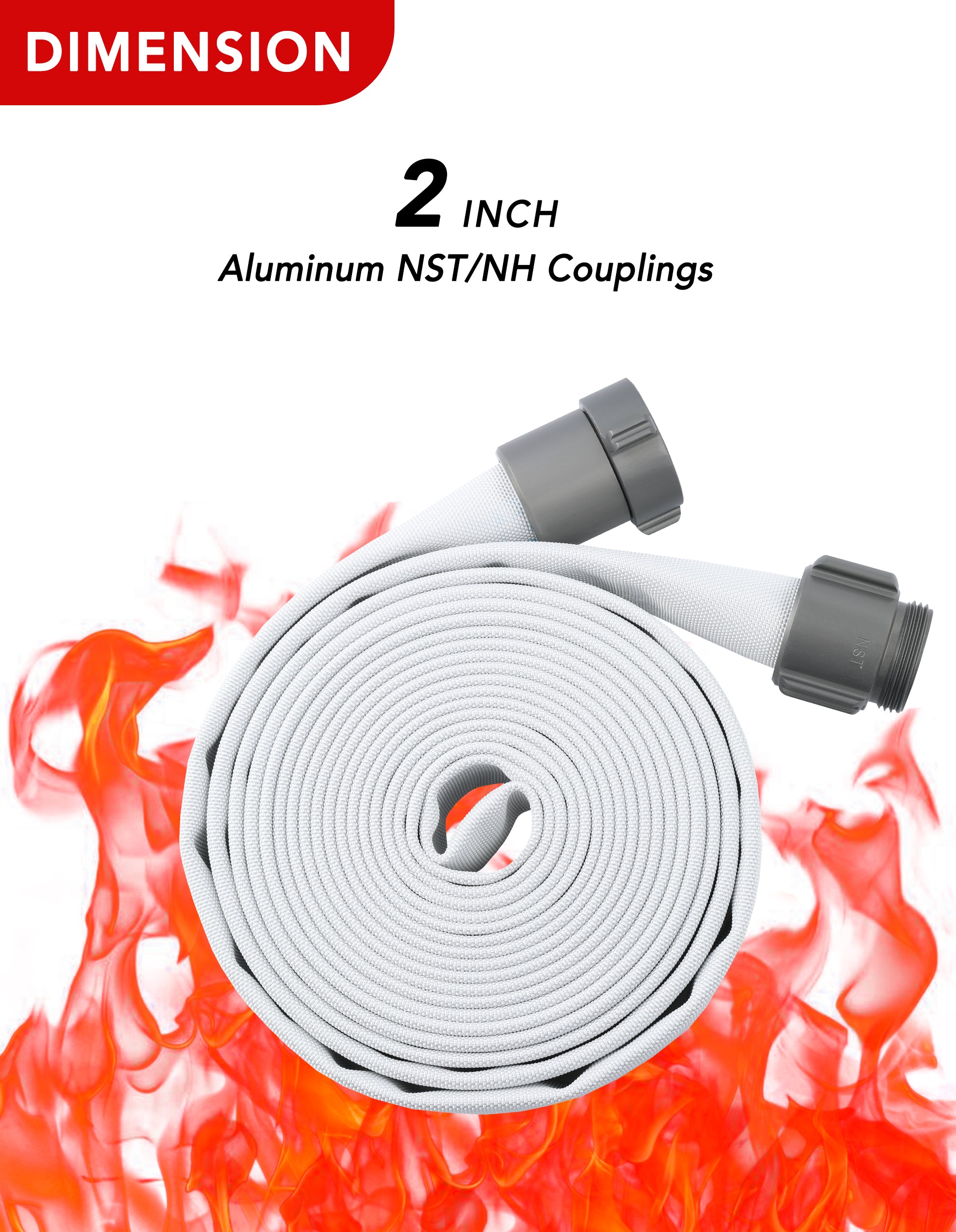 ZYfire Fire Hose - 2" ID Single Jacket EPDM Fire Hose Firefighter Hose with M × F NST/NH Aluminum Couplings White Industrial Hose Lightweight Lay Flat Water Hose for Use in Firefighting-U.S. Warehouse