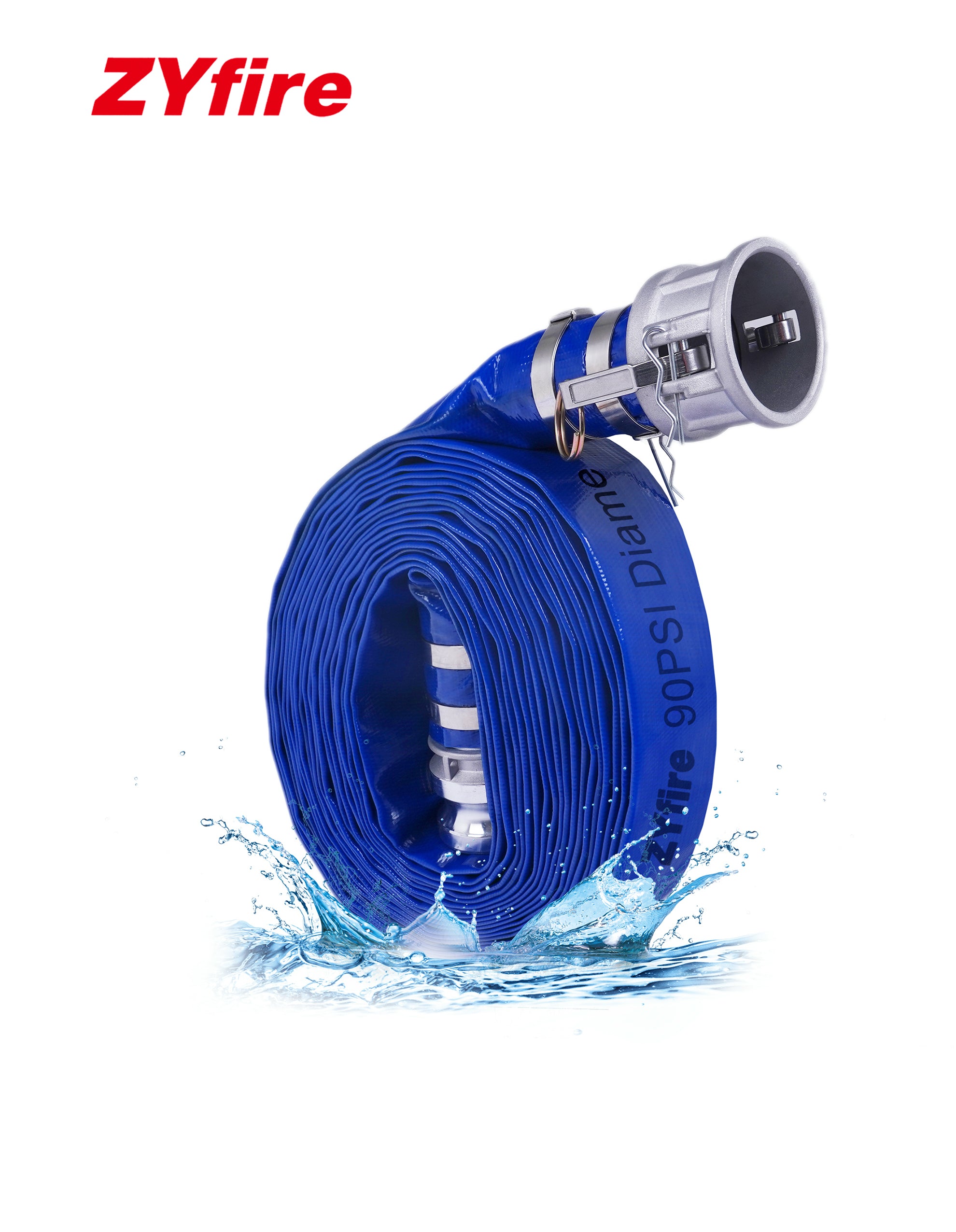 ZYfire Backwash Hose - 1-1/2" x 50 FT PVC Lay Flat Discharge Hose with Aluminum Camlock C & E Fittings Heavy Duty Reinforced Pump Discharge Hose Weather and Burst Resistant for Pool Drain, Sump Pump-U.S. Warehouse