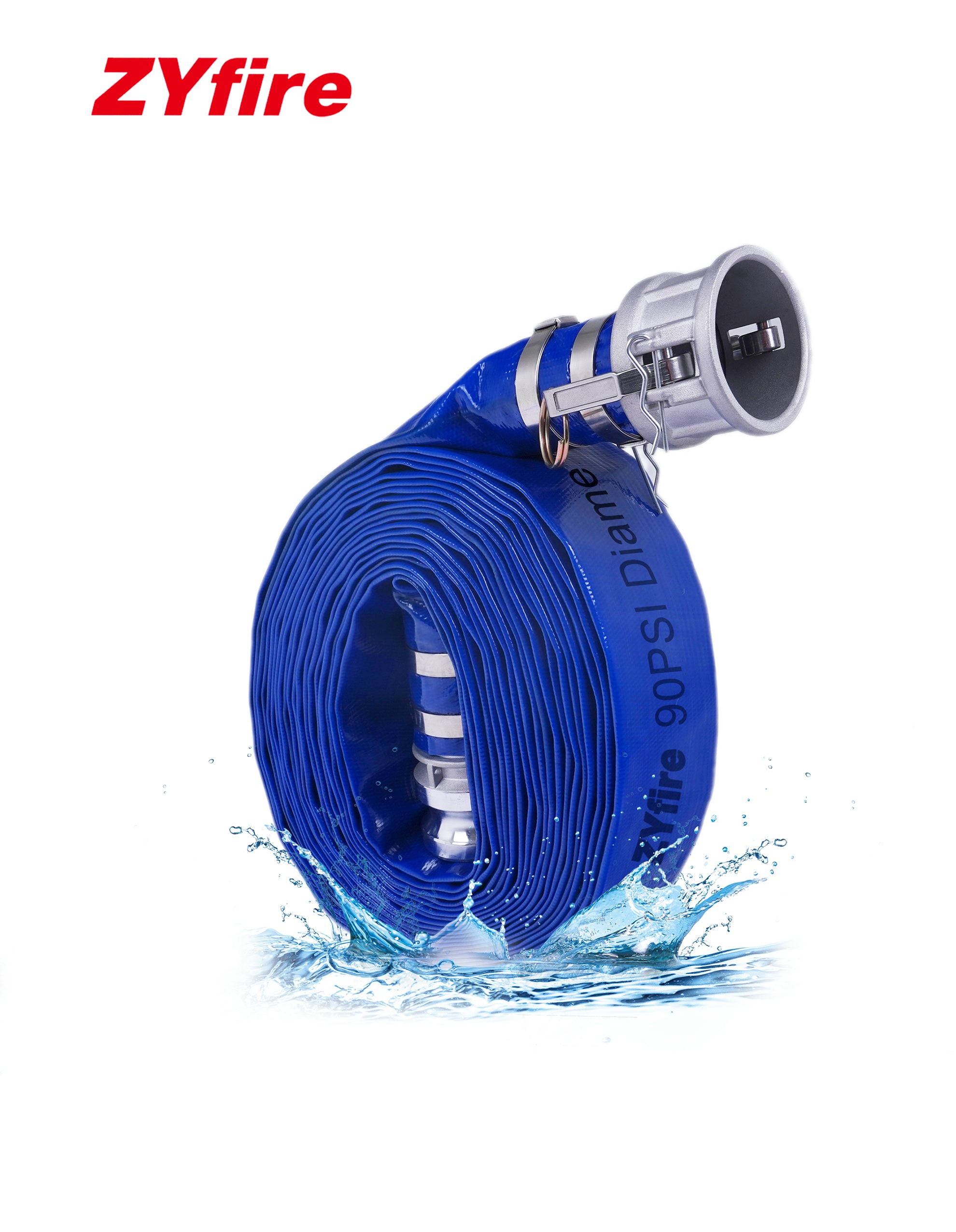 ZYfire Backwash Hose - 2" x 50 FT PVC Lay Flat Discharge Hose with Aluminum Camlock C & E Fittings Heavy Duty Reinforced Pump Discharge Hose Weather and Burst Resistant for Pool Drain, Sump Pump-U.S. Warehouse