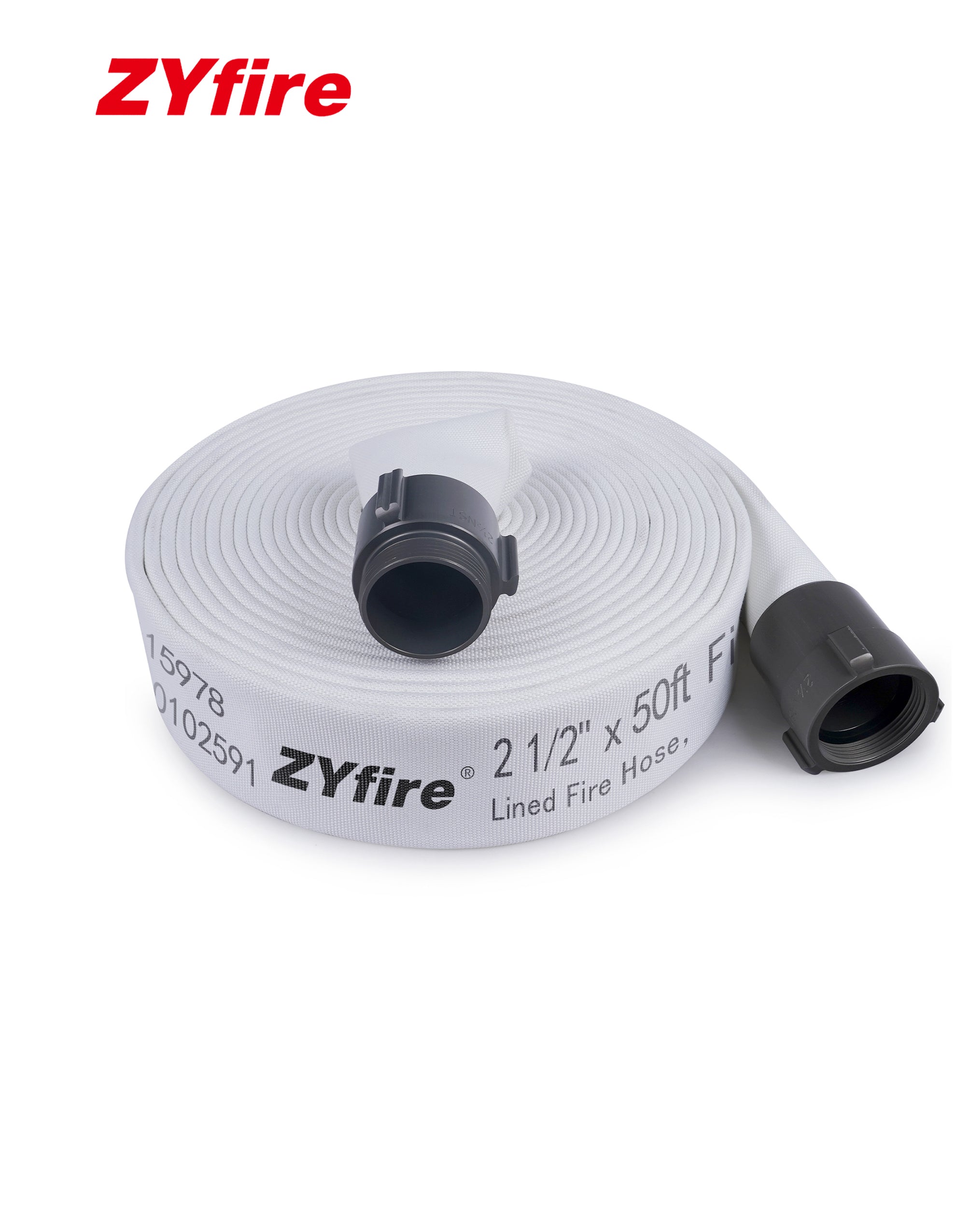 ZYfire Fire Hose - 2-1/2" ID x 50 FT Double Jacket EPDM Firefighter Hose with M x F NST/NH Aluminum Couplings 1200 PSI Burst Pressure Lightweight for Firefighting & Residential Use
