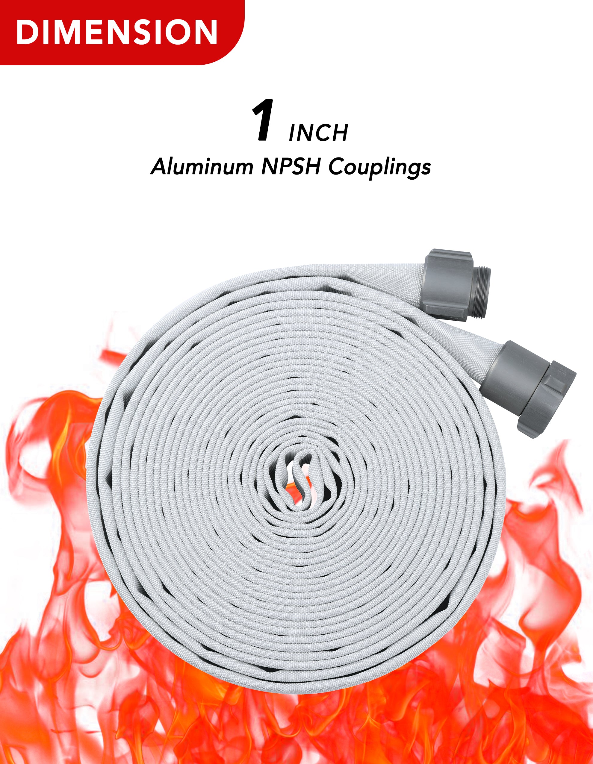 ZYfire Fire Hose - 1" ID Single Jacket EPDM Fire Hose Firefighter Hose with NPSH Aluminum Couplings White Industrial Hose Lightweight Lay Flat Water Hose for Use in Firefighting-U.S. Warehouse